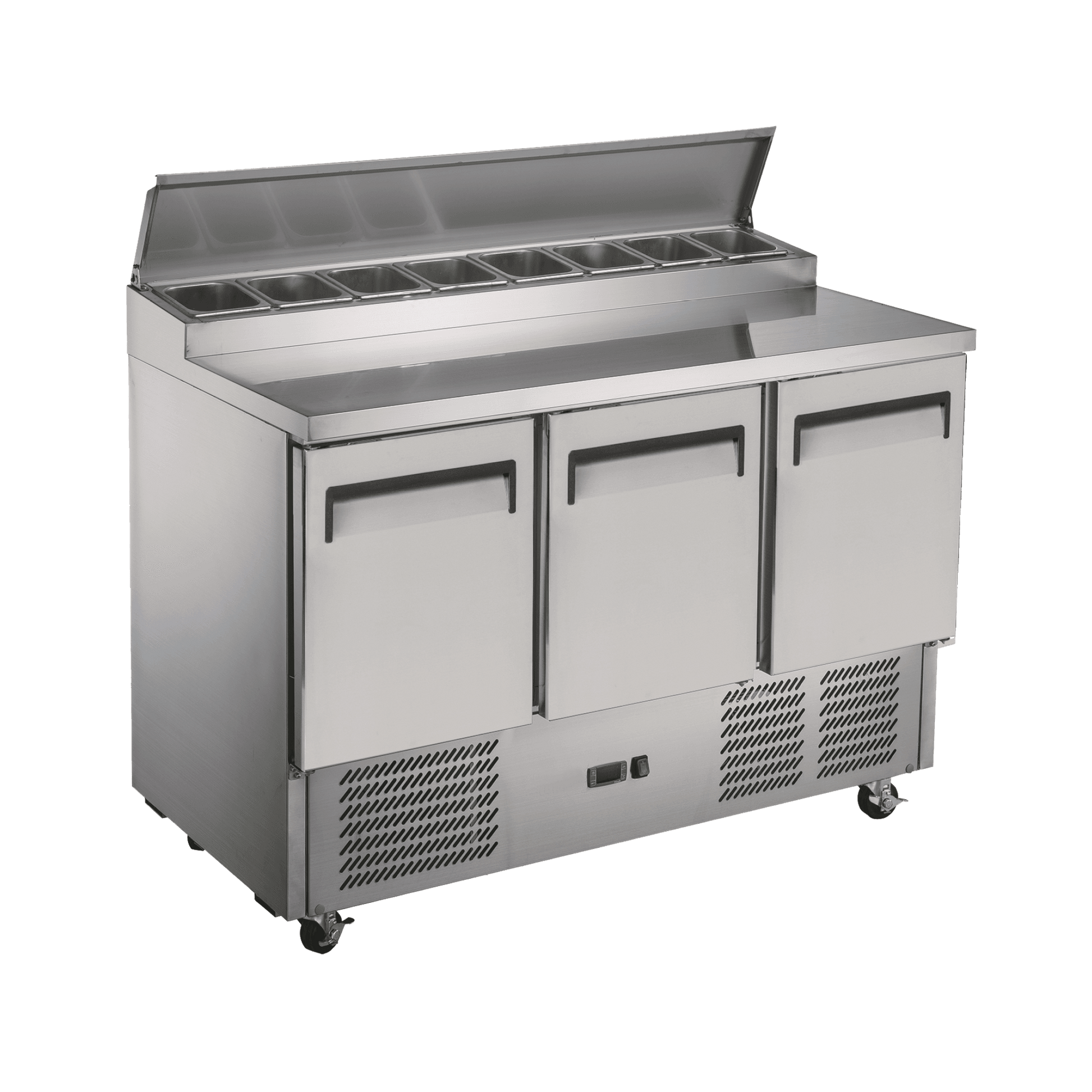 Three-door stainless steel commercial food prep refrigerator with open top storage and caster wheels.