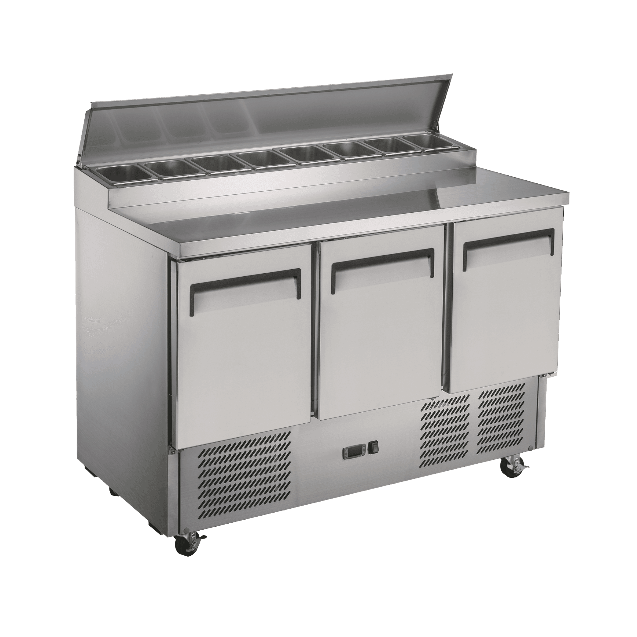 Three-door stainless steel commercial food prep refrigerator with open top storage and caster wheels.