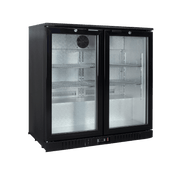 Black two-door backbar display refrigerator with glass panels and adjustable shelves.