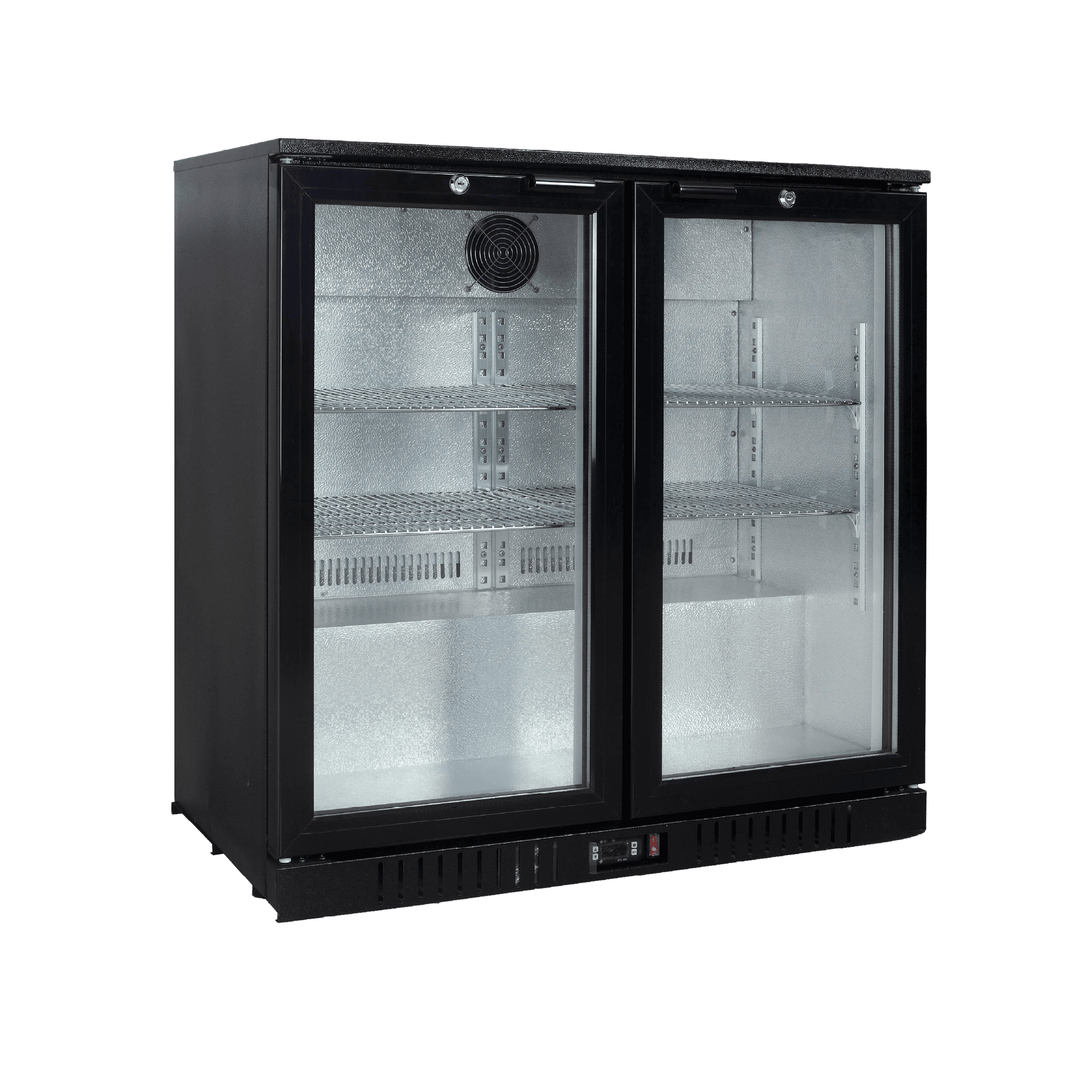 Black two-door backbar display refrigerator with glass panels and adjustable shelves.