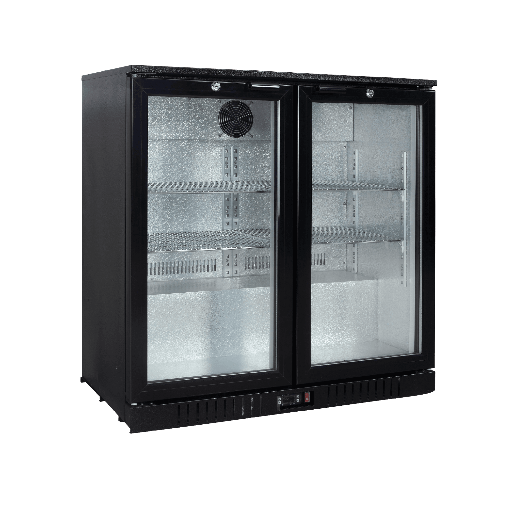 Black backbar display refrigerator with two glass swing doors and three adjustable shelves inside.