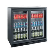 Black backbar refrigerator with two sliding glass doors, stocked with soft drinks and bottled beverages.