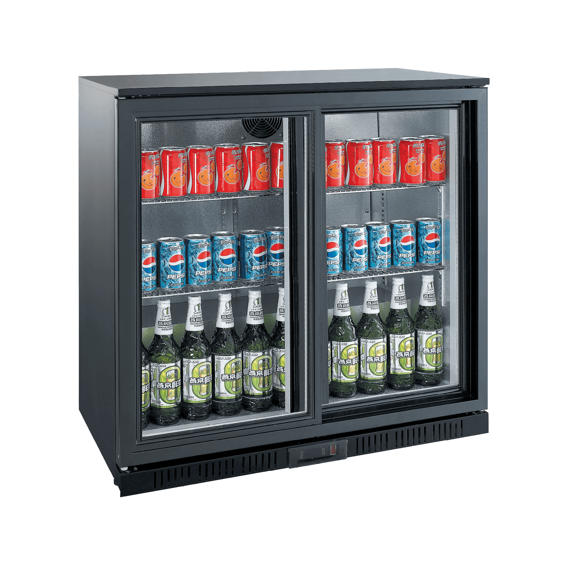 Black backbar refrigerator with two sliding glass doors, stocked with soft drinks and bottled beverages.