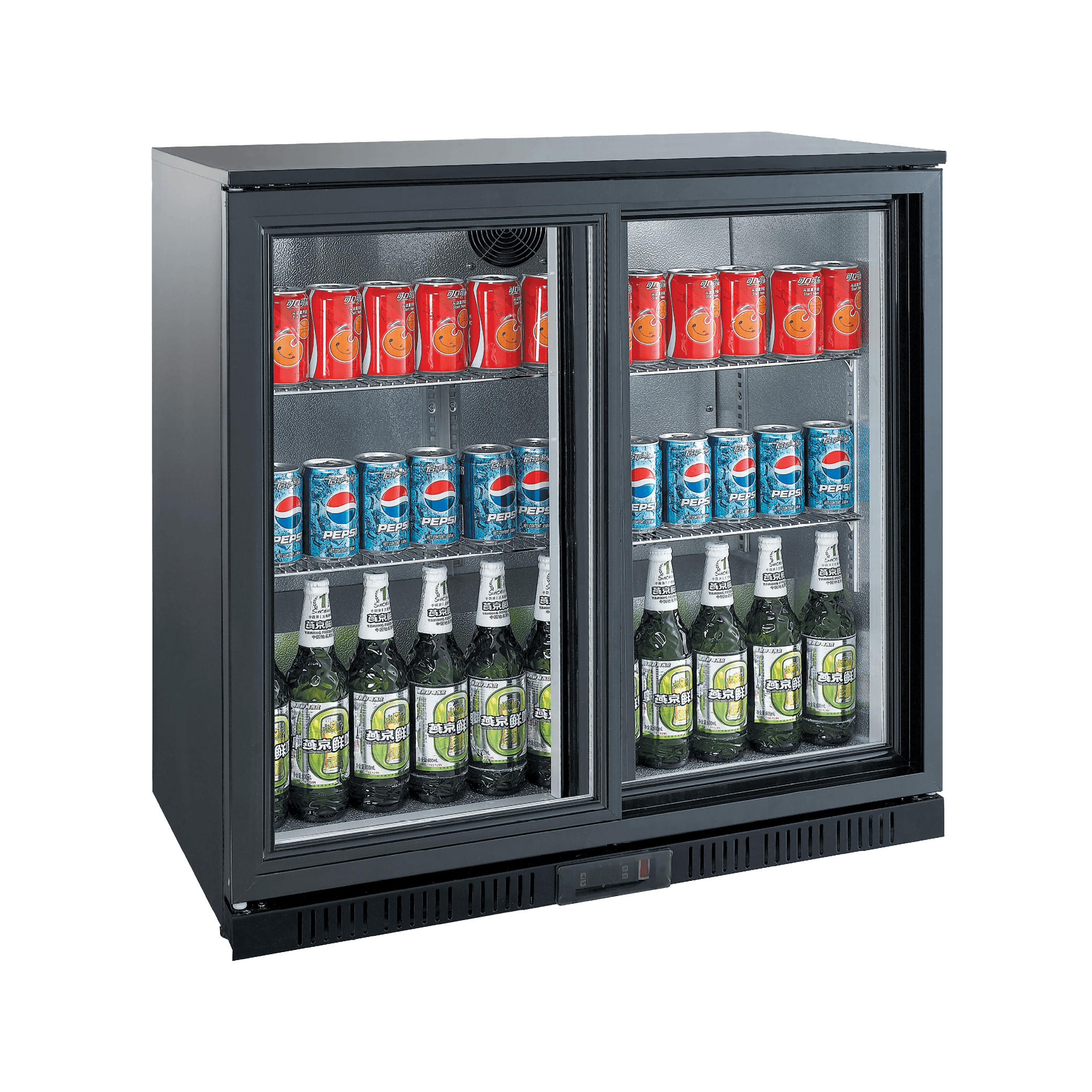 Black backbar refrigerator with two sliding glass doors, stocked with soft drinks and bottled beverages.