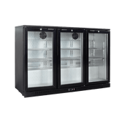 Three-door black backbar refrigerator with glass panels and stainless steel interior shelves.