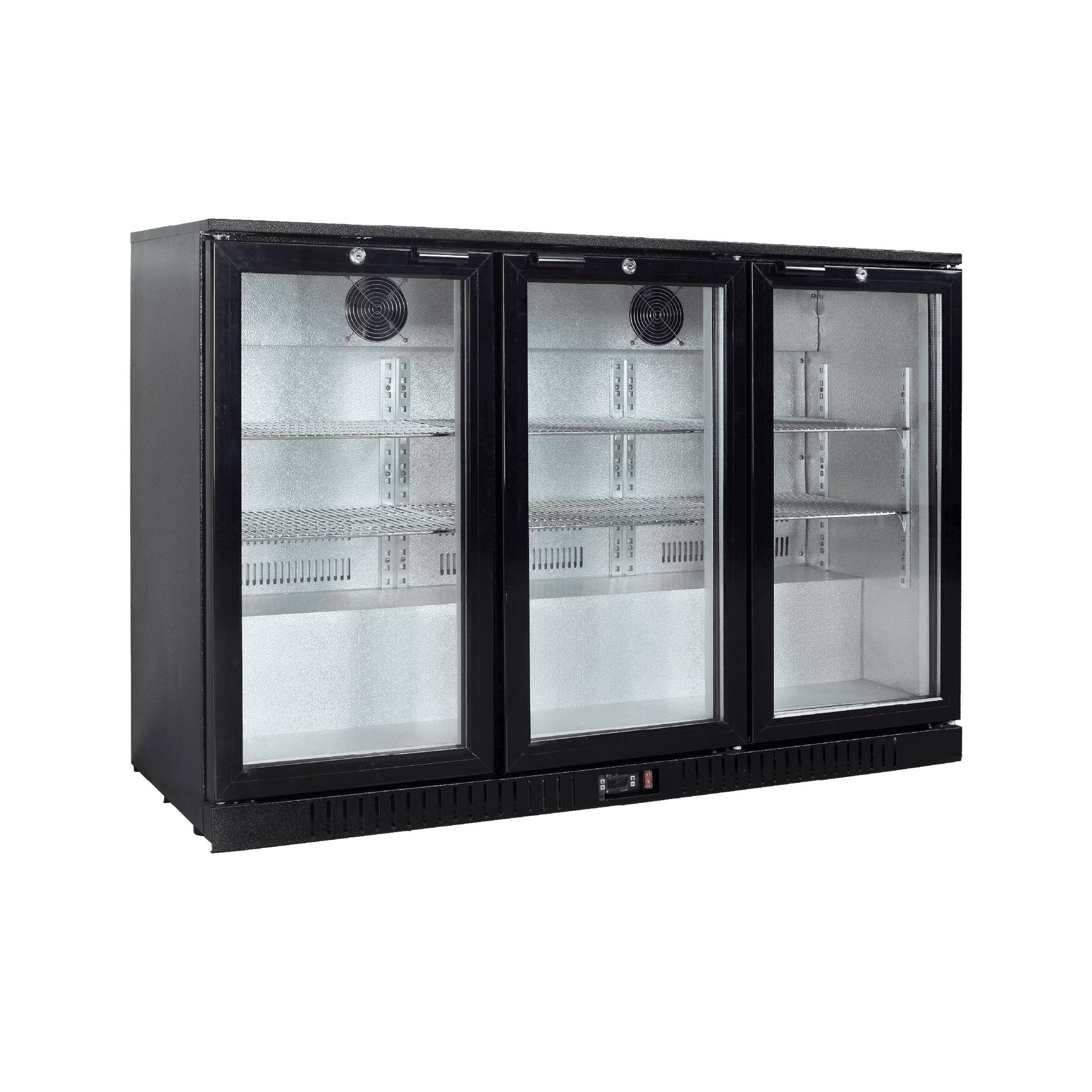 Three-door black backbar display refrigerator with glass panels and adjustable shelves.