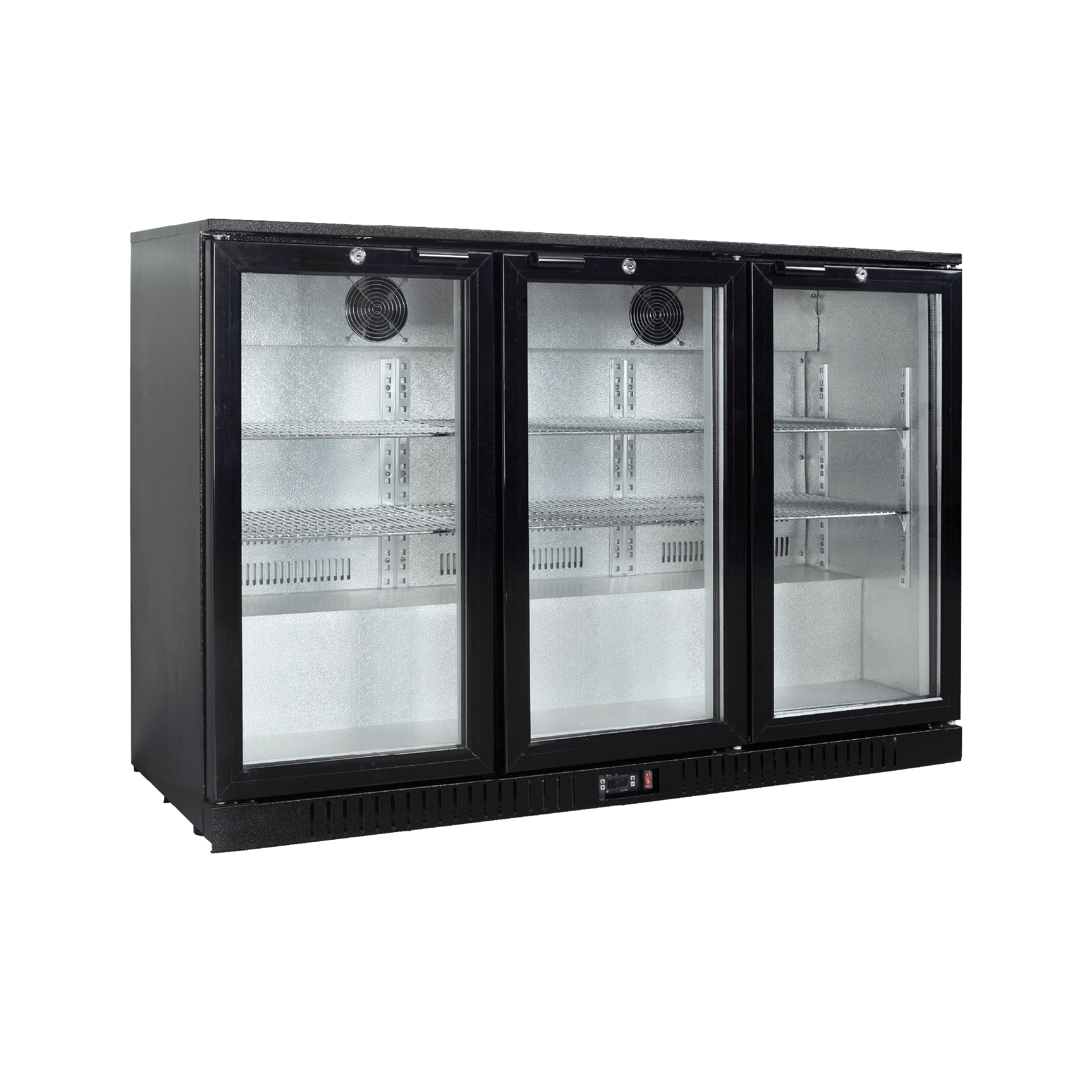 Three-door black backbar display refrigerator with glass panels and adjustable shelves.