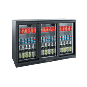 Black three-door backbar refrigerator with glass panels displaying assorted beverage cans and bottles.