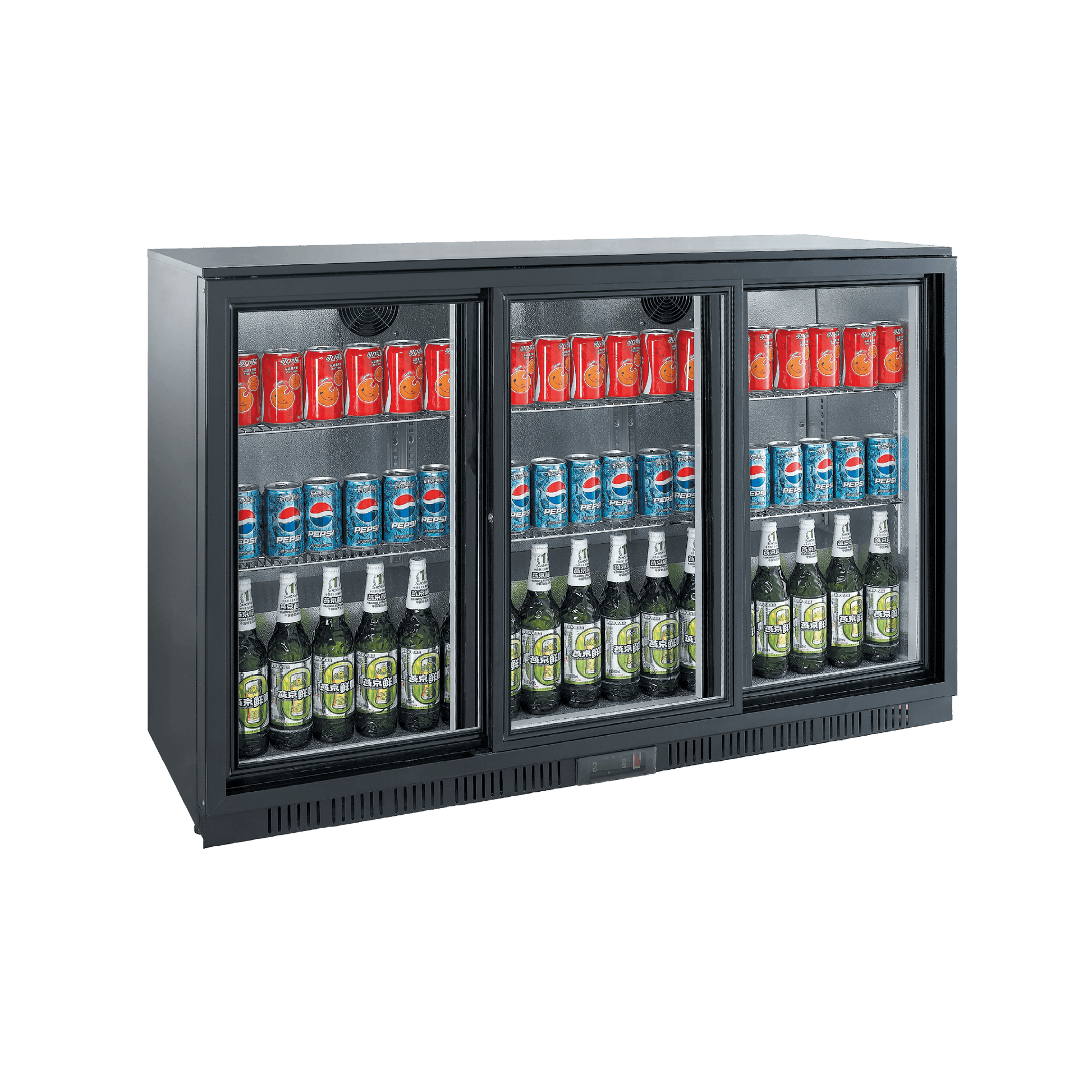 Compact black backbar refrigerator with three sliding glass doors showing canned and bottled beverages inside.
