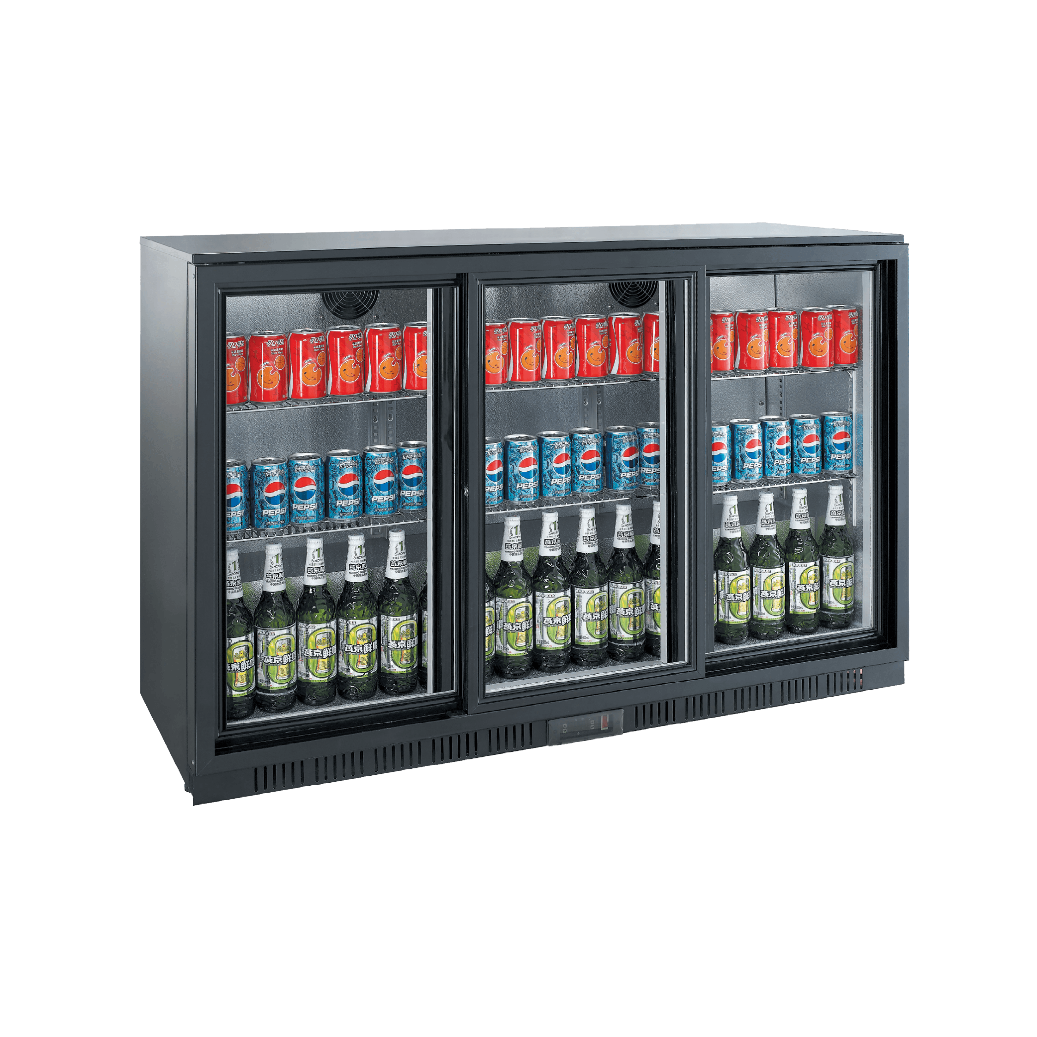 Compact black backbar refrigerator with three sliding glass doors showing canned and bottled beverages inside.