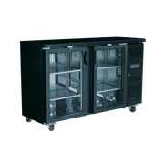 Black underbench refrigerator with two glass doors, metal handles, and adjustable shelves on caster wheels.