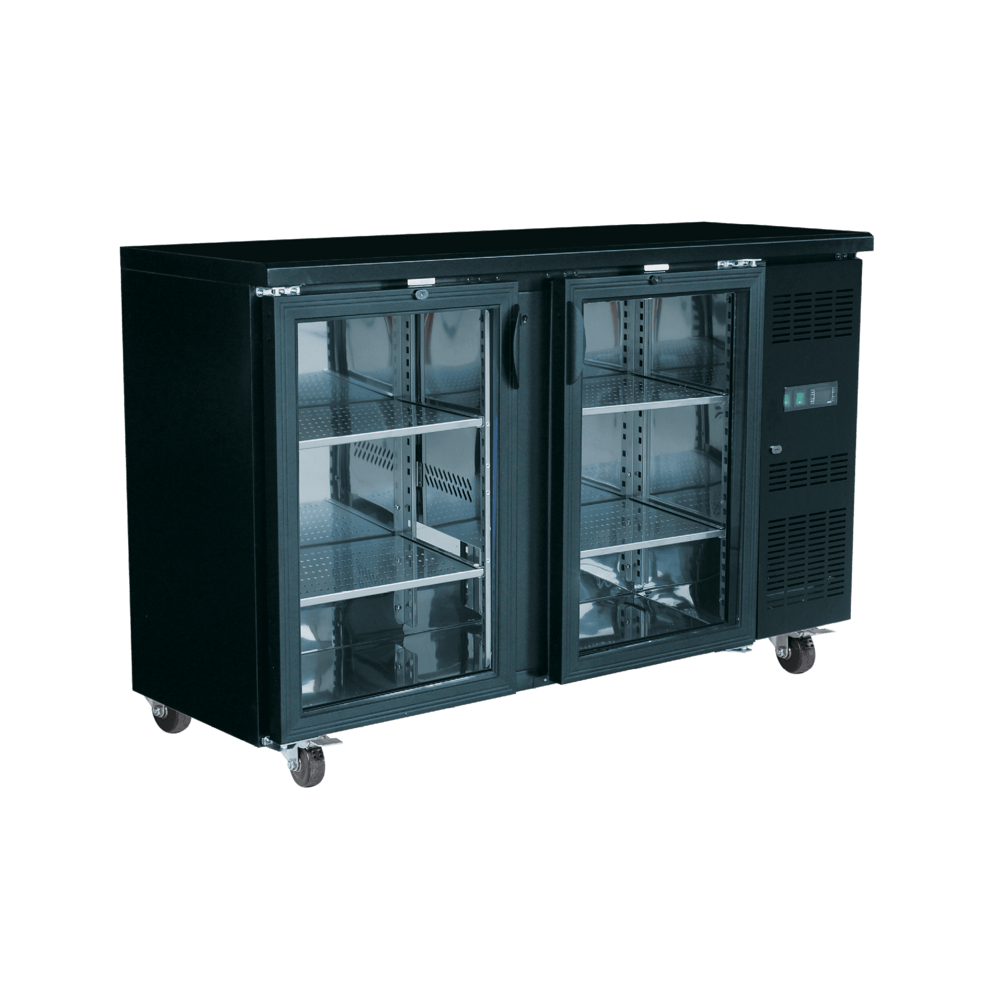 Black underbench refrigerator with two glass doors, metal handles, and adjustable shelves on caster wheels.