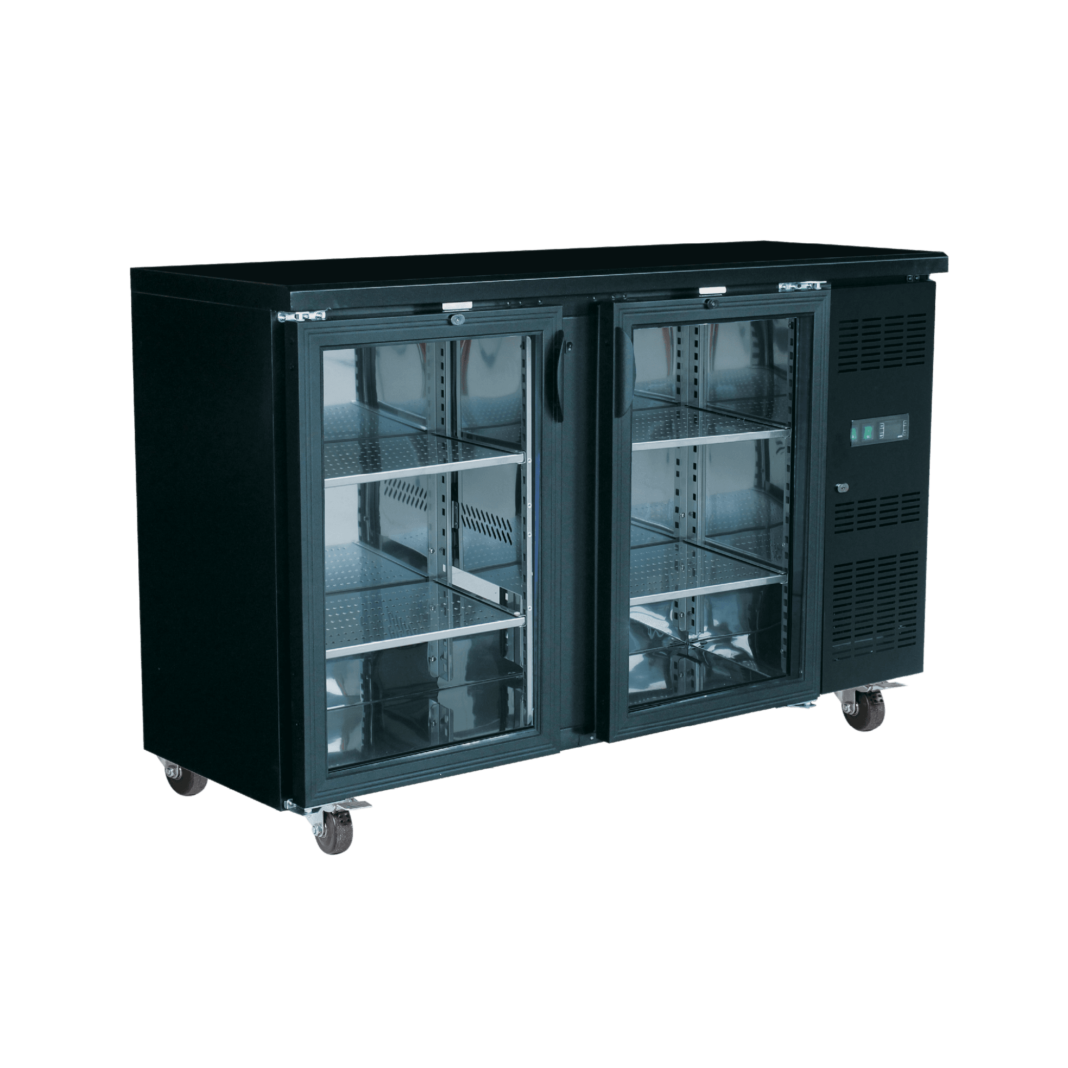 Black underbench refrigerator with two glass doors, metal handles, and adjustable shelves on caster wheels.