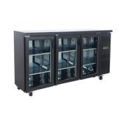 Underbench refrigerator with three glass doors, black painted steel frame, and stainless steel accents.