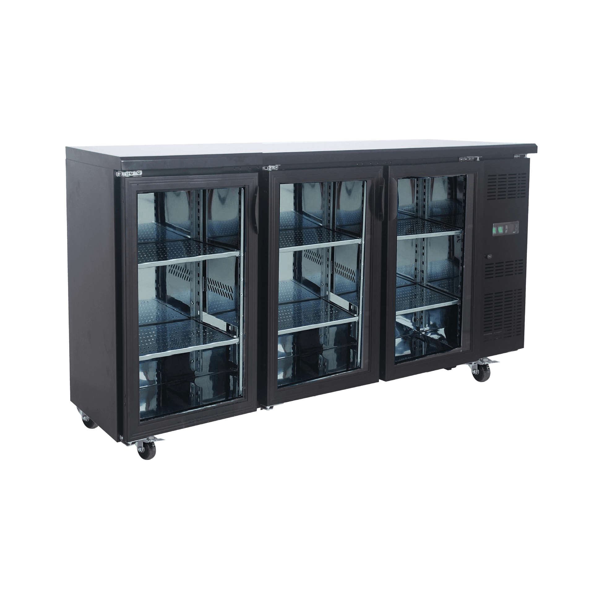 Underbench refrigerator with three glass doors, black painted steel frame, and stainless steel accents.