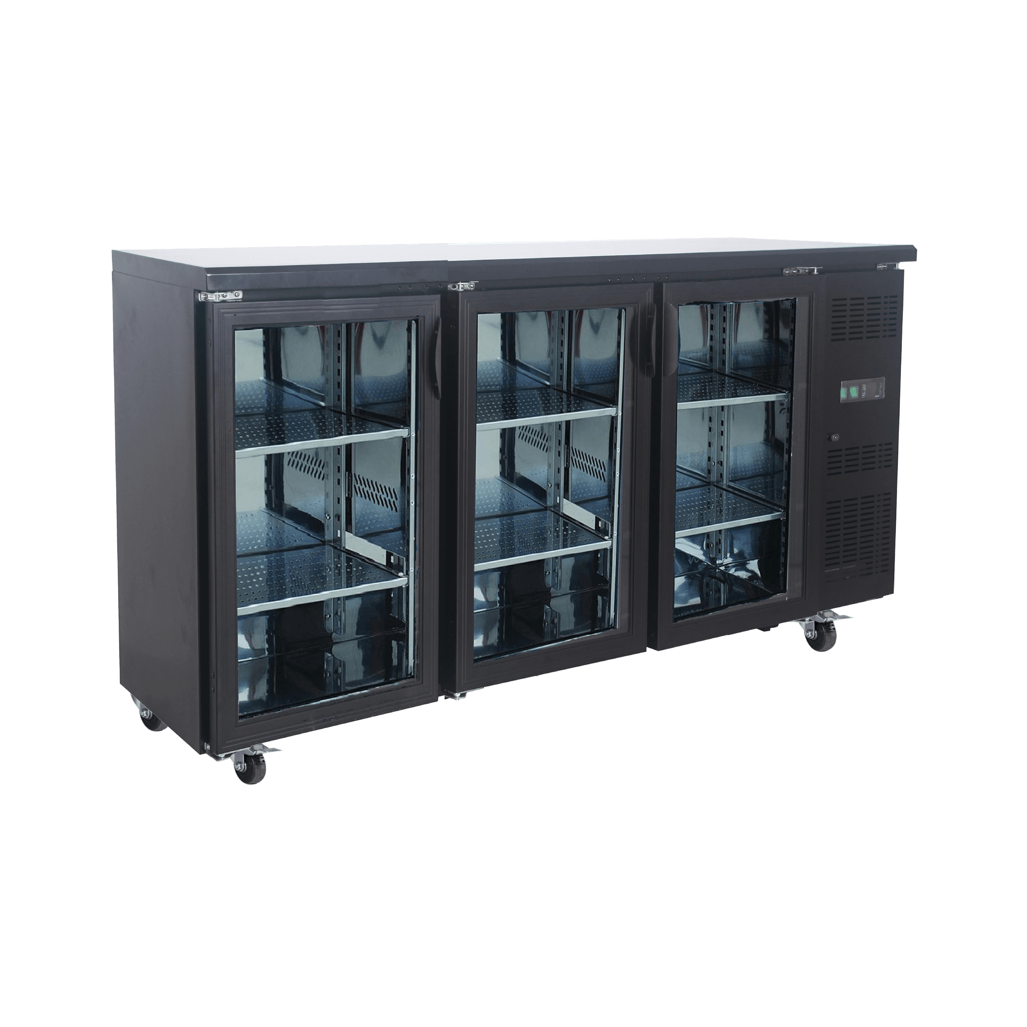 Underbench refrigerator with three glass doors, black painted steel frame, and stainless steel accents.