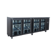 Black underbench refrigerator with four glass doors, stainless steel frame, and caster wheels.