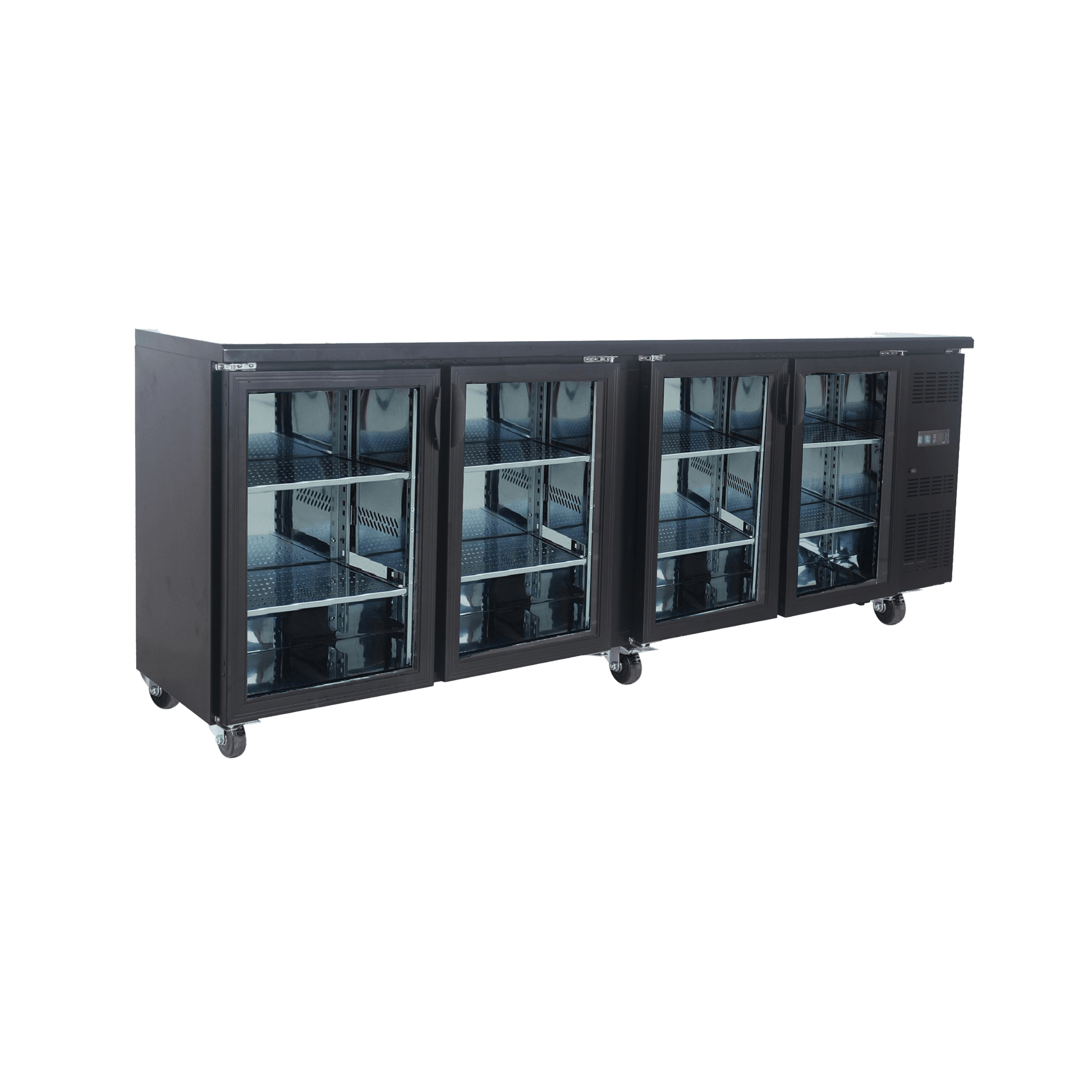 Black underbench refrigerator with four glass doors, stainless steel frame, and caster wheels.