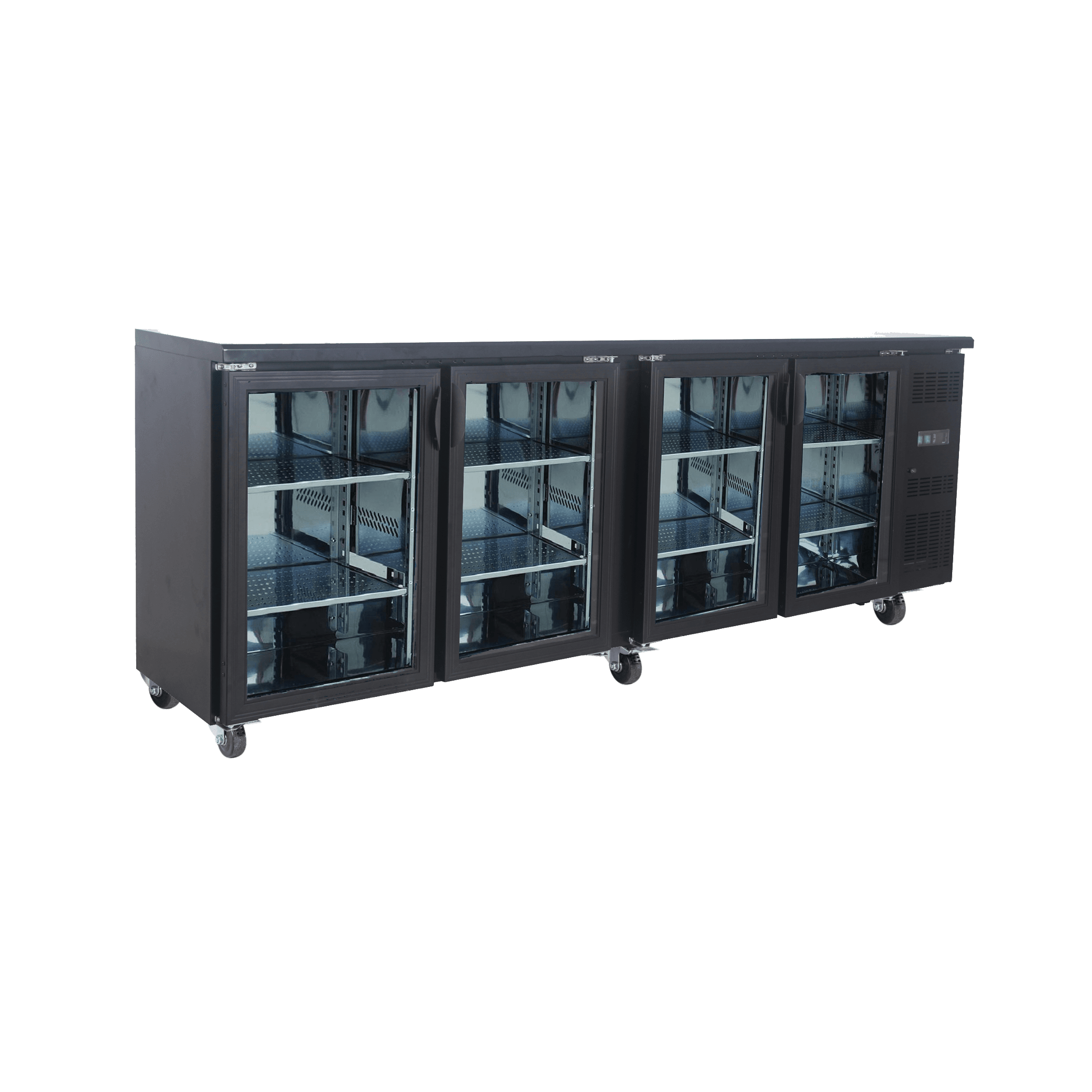 Black underbench refrigerator with four glass doors, stainless steel frame, and caster wheels.