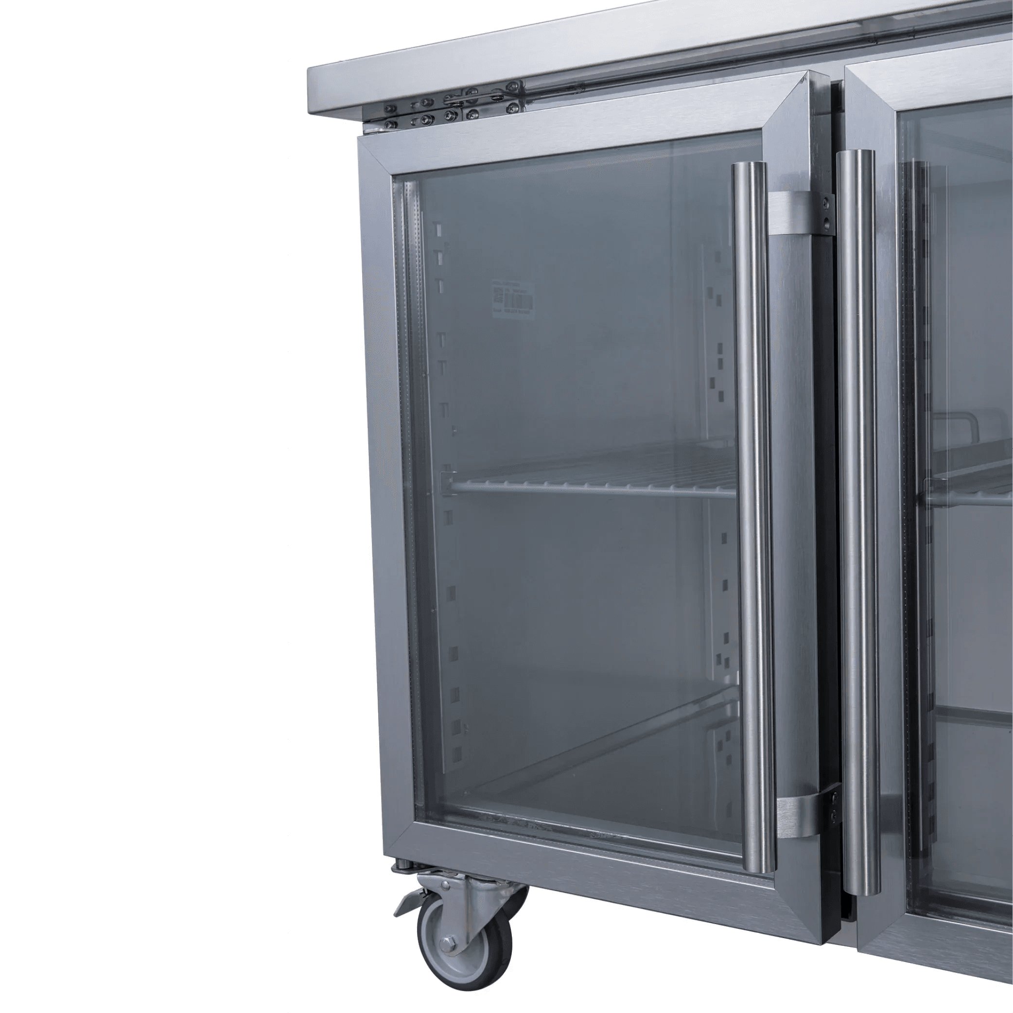 Stainless steel underbench refrigerator with two glass doors and caster wheels, showing interior shelving.