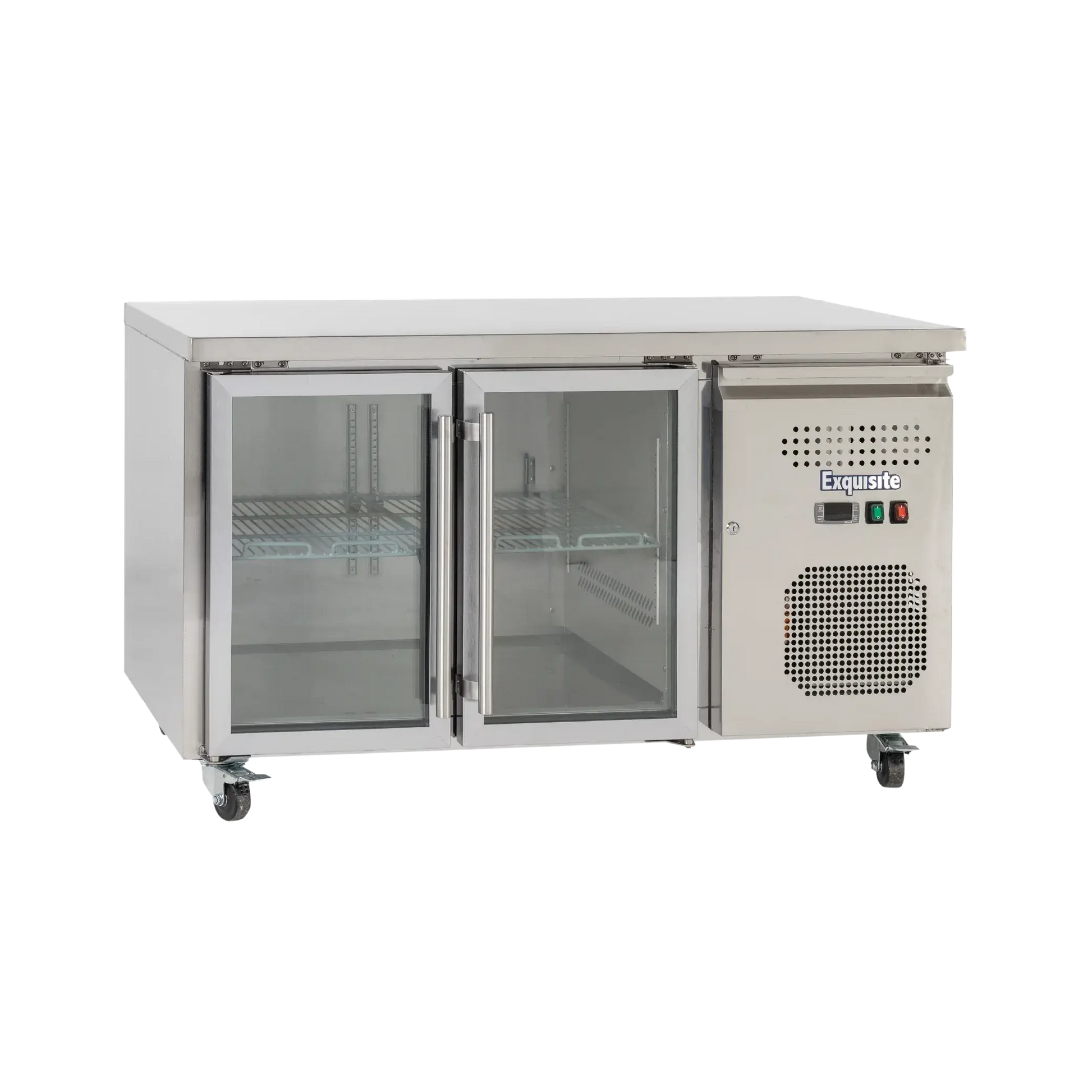 Stainless steel underbench refrigerator with two glass doors and internal shelving on caster wheels.