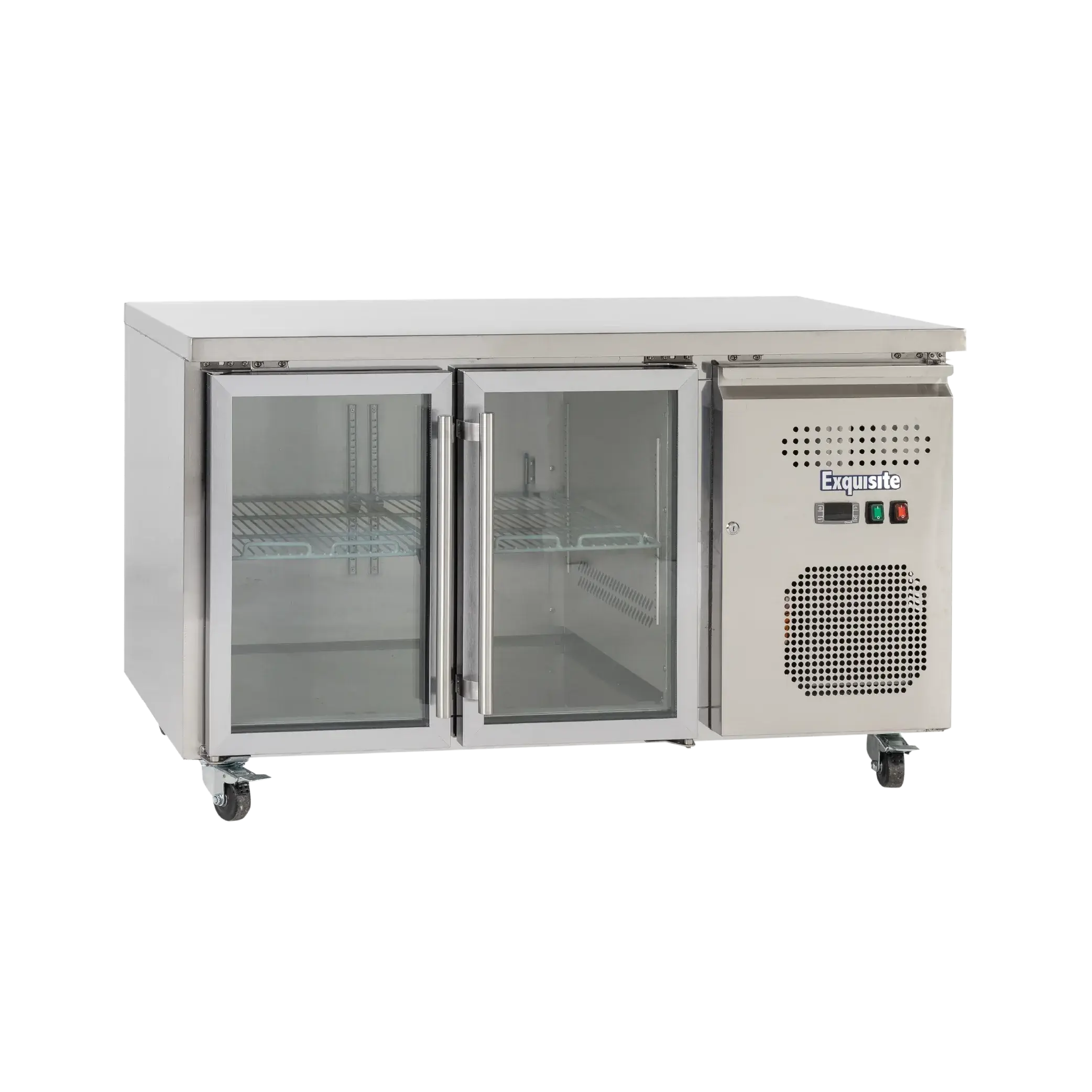 Stainless steel underbench refrigerator with two glass doors and internal shelving on caster wheels.