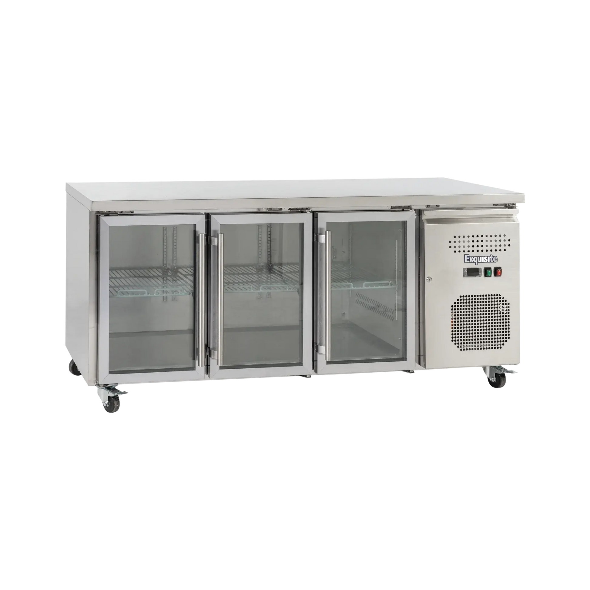 Stainless steel underbench refrigerator with three glass doors and vents on the right side, mounted on caster wheels.