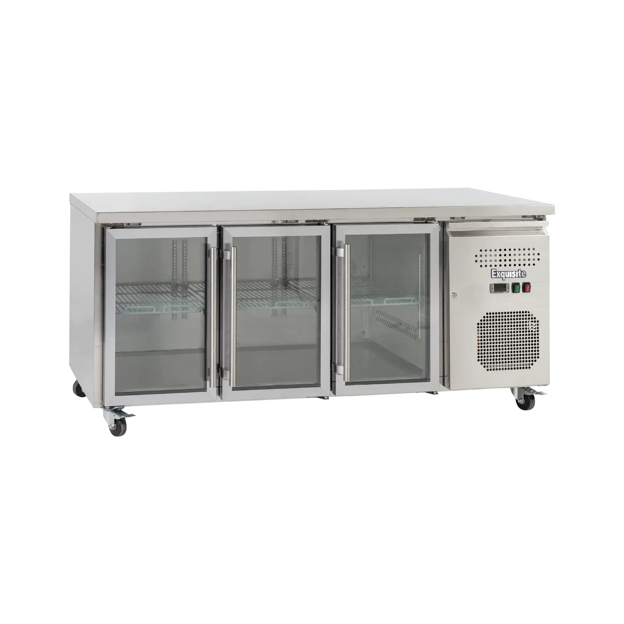 Stainless steel underbench refrigerator with three glass doors and vents on the right side, mounted on caster wheels.