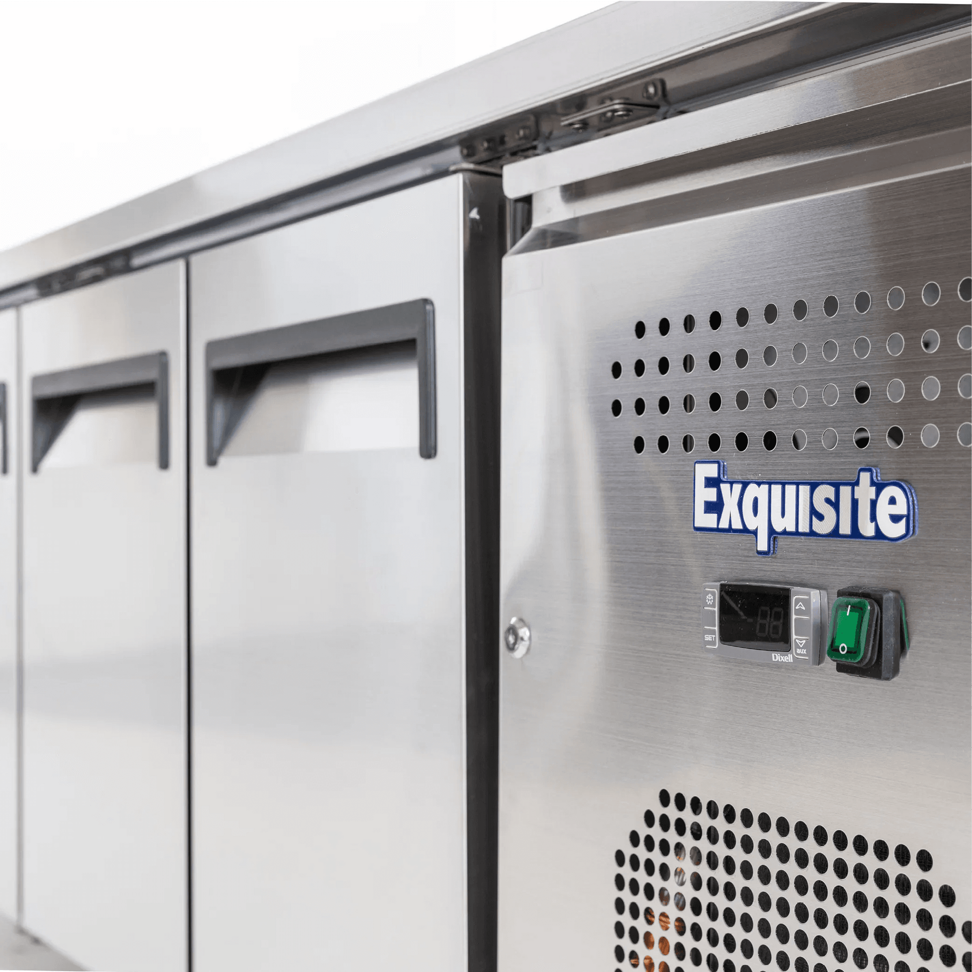 Stainless steel Exquisite USC400H underbench fridge with three solid doors and digital control panel.