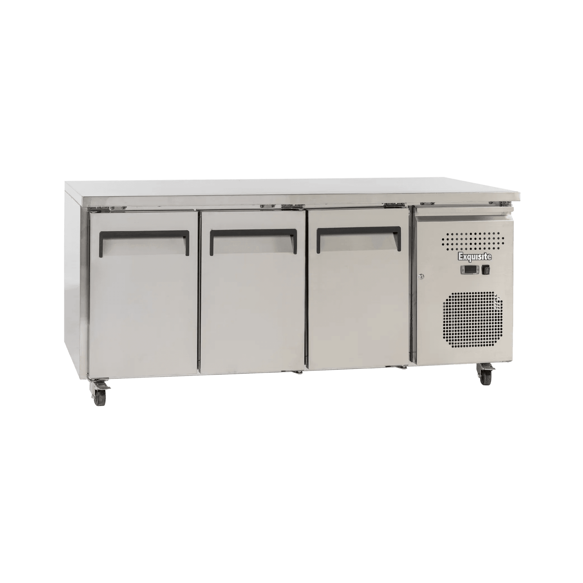 Underbench stainless steel refrigerator with three solid doors and ventilation panel on the right side.
