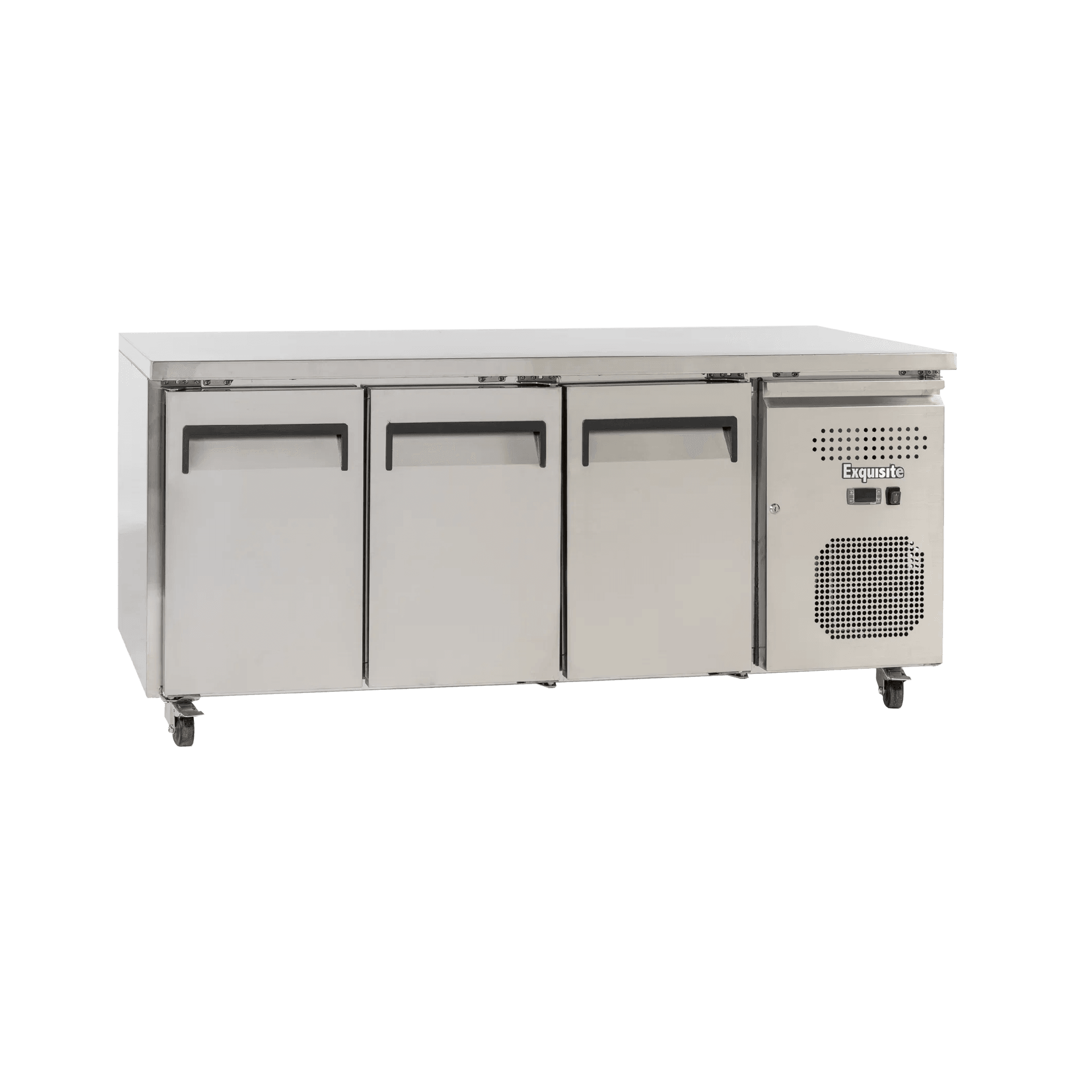 Underbench stainless steel refrigerator with three solid doors and ventilation panel on the right side.