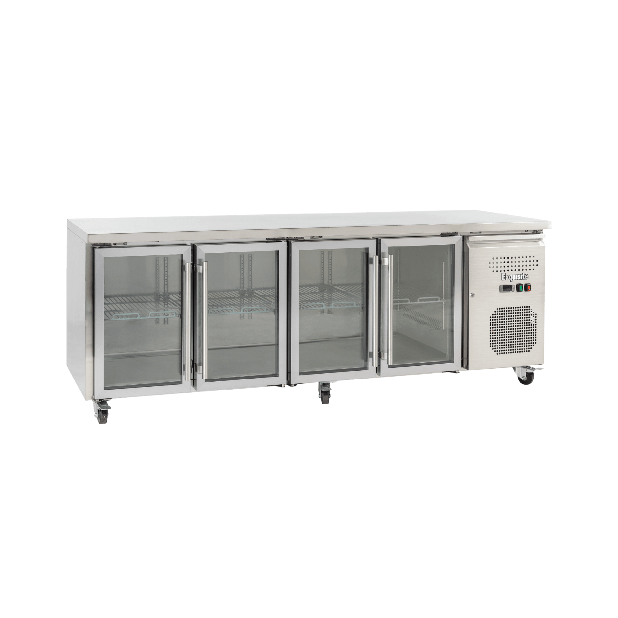 Stainless steel four-door underbench refrigerator with glass panels and adjustable shelves.