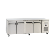 Stainless steel underbench refrigerator with four solid doors and caster wheels.