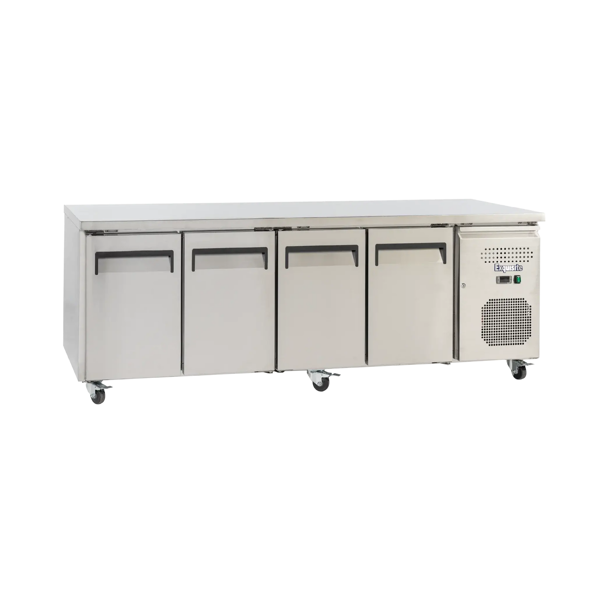 Stainless steel underbench refrigerator with four solid doors and caster wheels.