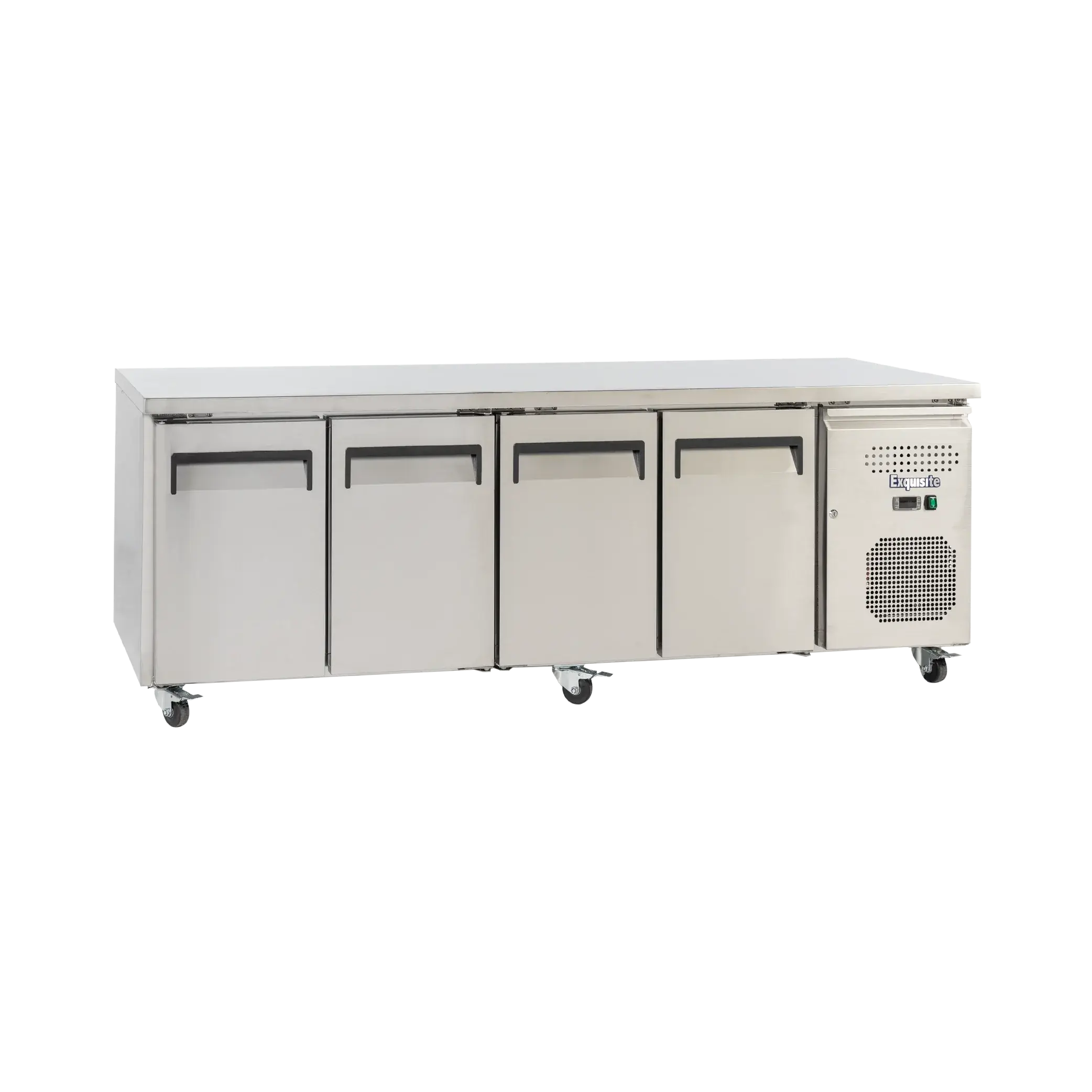 Stainless steel underbench refrigerator with four solid doors and caster wheels.