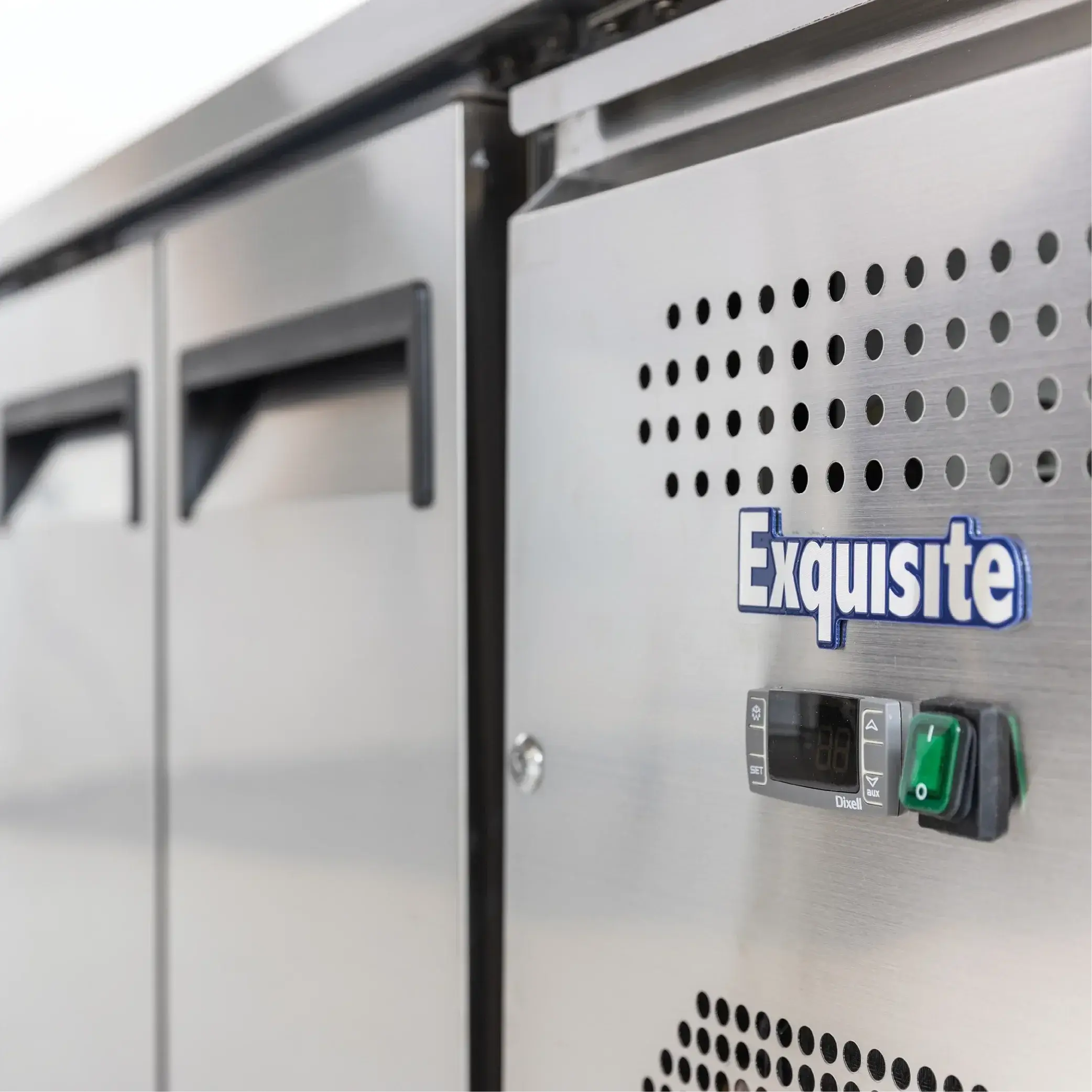 Stainless steel Exquisite USF260H underbench freezer with two solid doors and digital control panel.