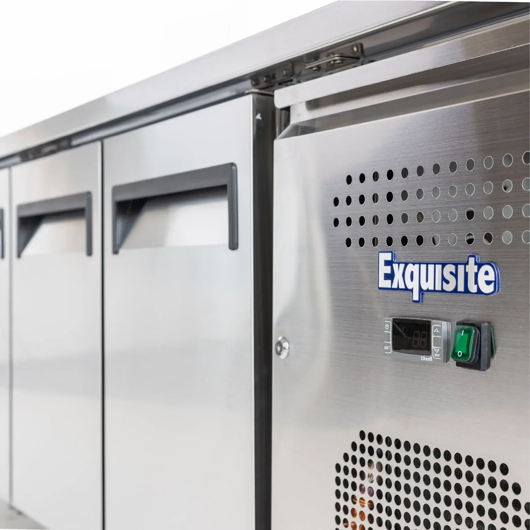 Stainless steel underbench freezer with two solid doors and digital temperature control panel.