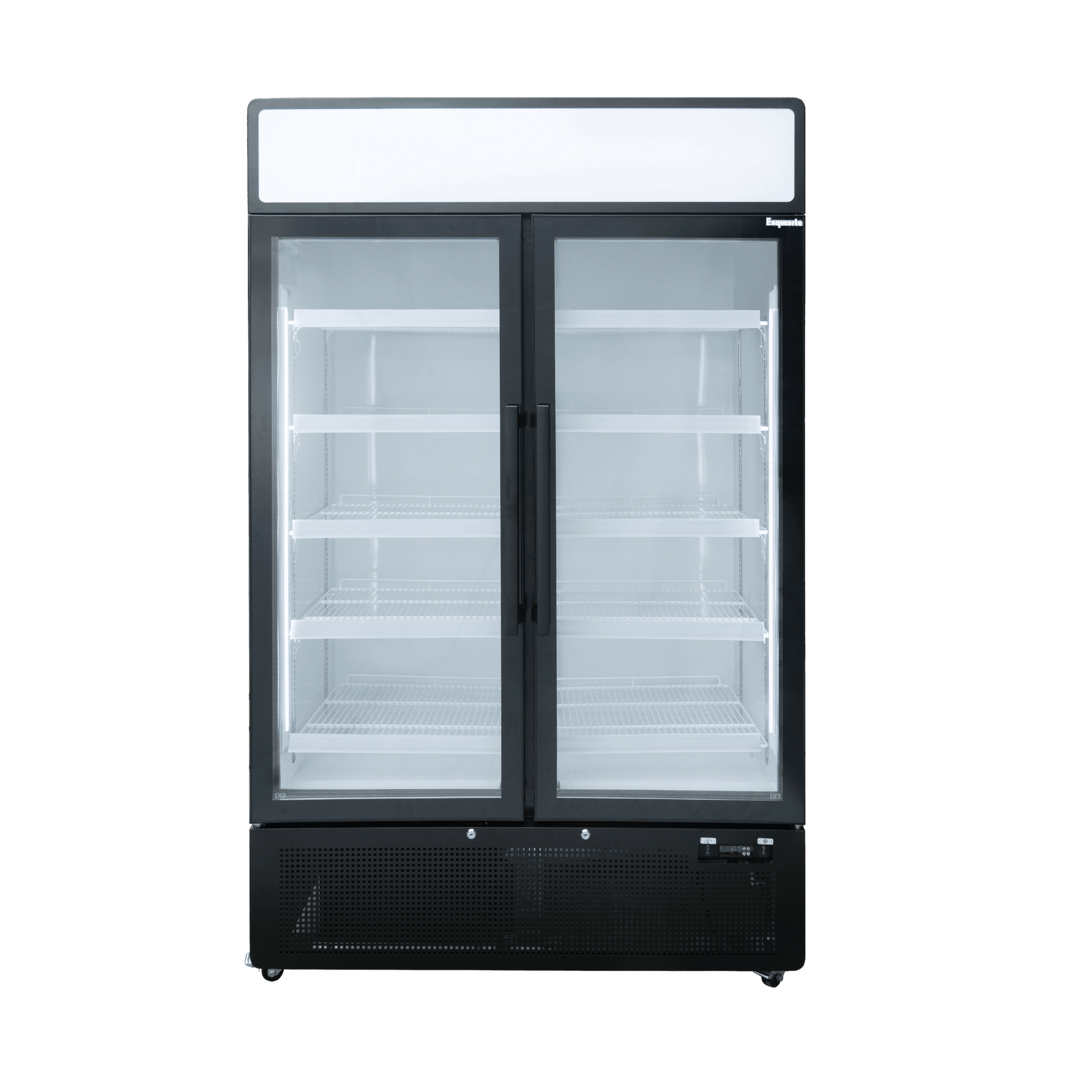 Black upright display refrigerator with two glass doors and multiple white wire shelves, 850-litre capacity.