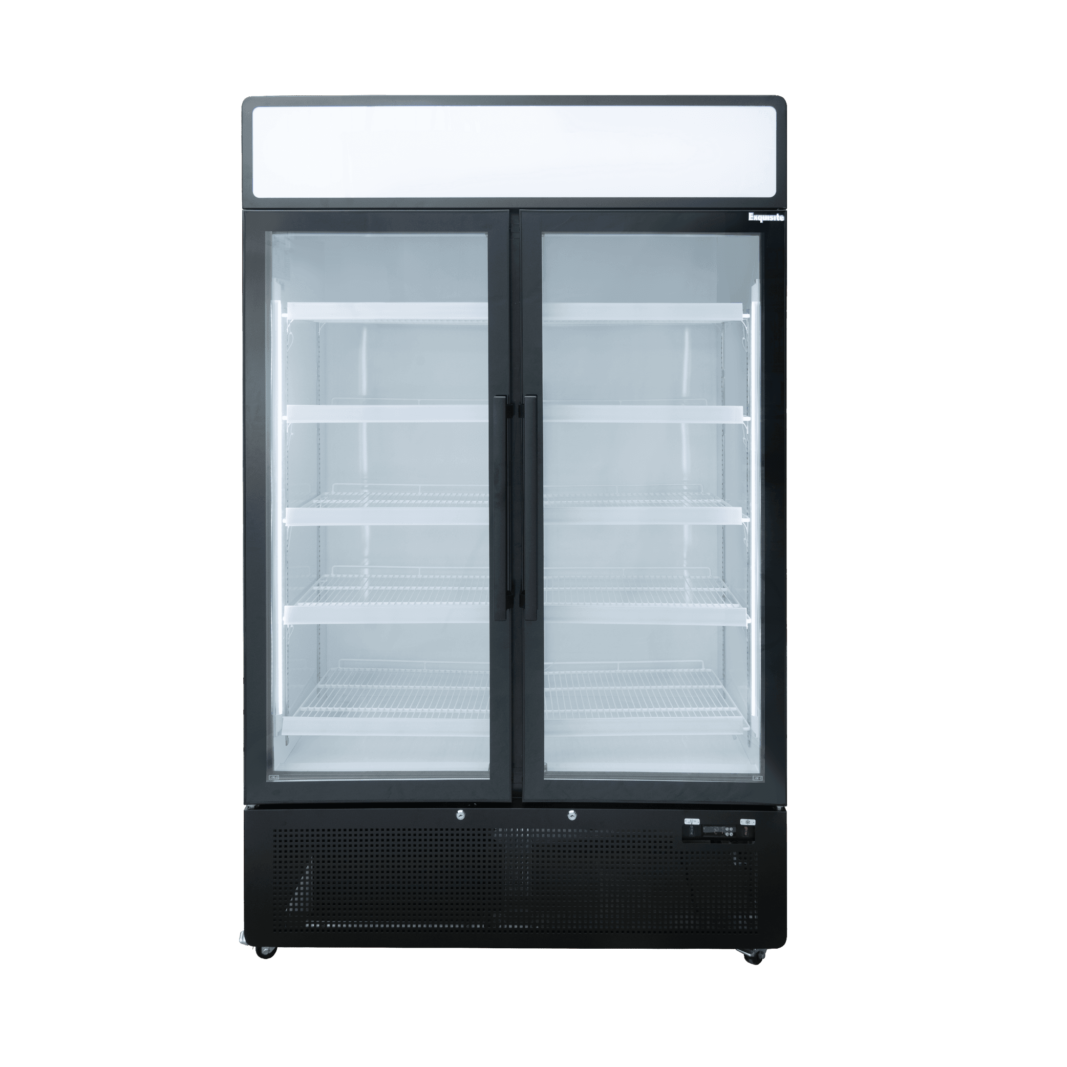 Black upright display refrigerator with two glass doors and multiple white wire shelves, 850-litre capacity.