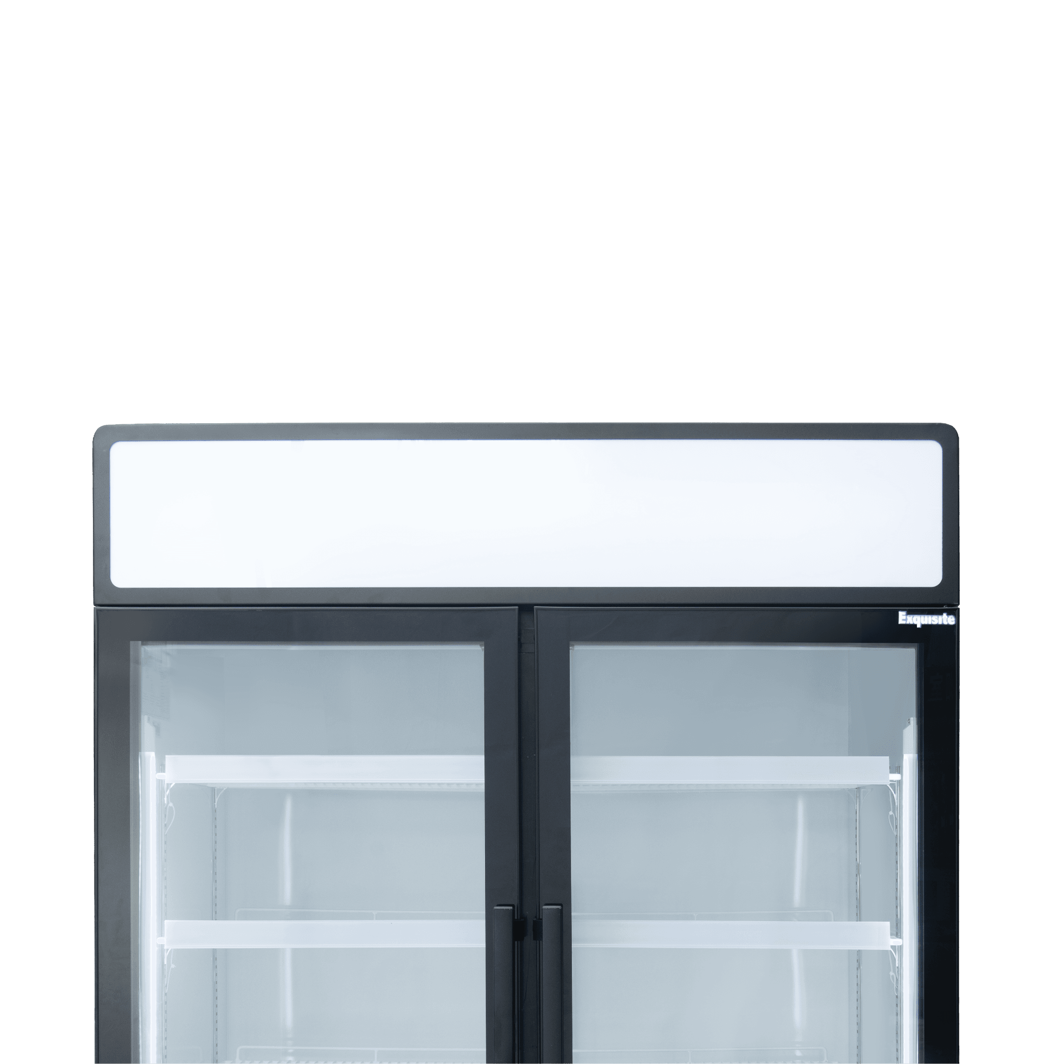 Black upright display refrigerator with two glass doors and white interior shelves.