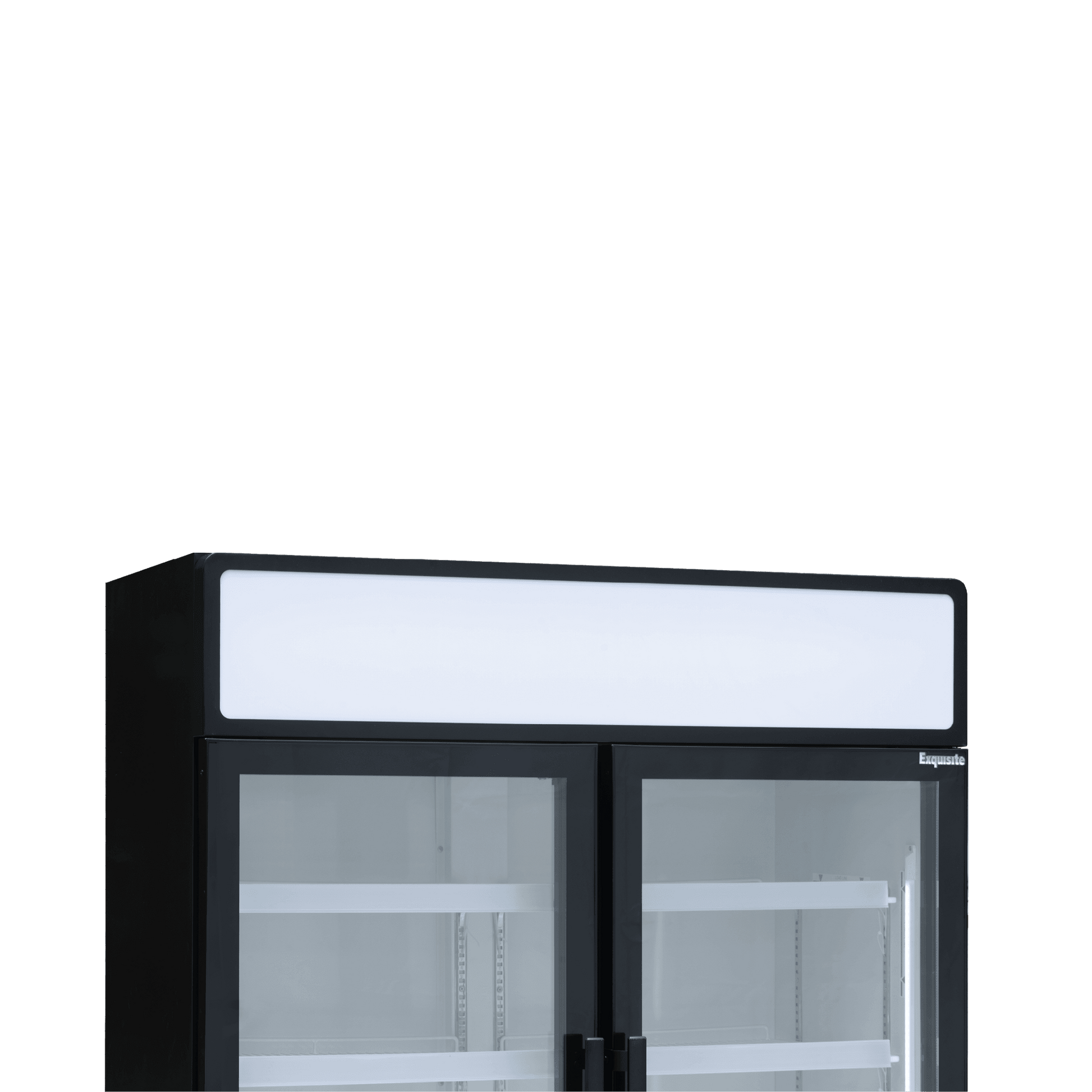 Black two-door upright display refrigerator with glass panels and white interior shelves.