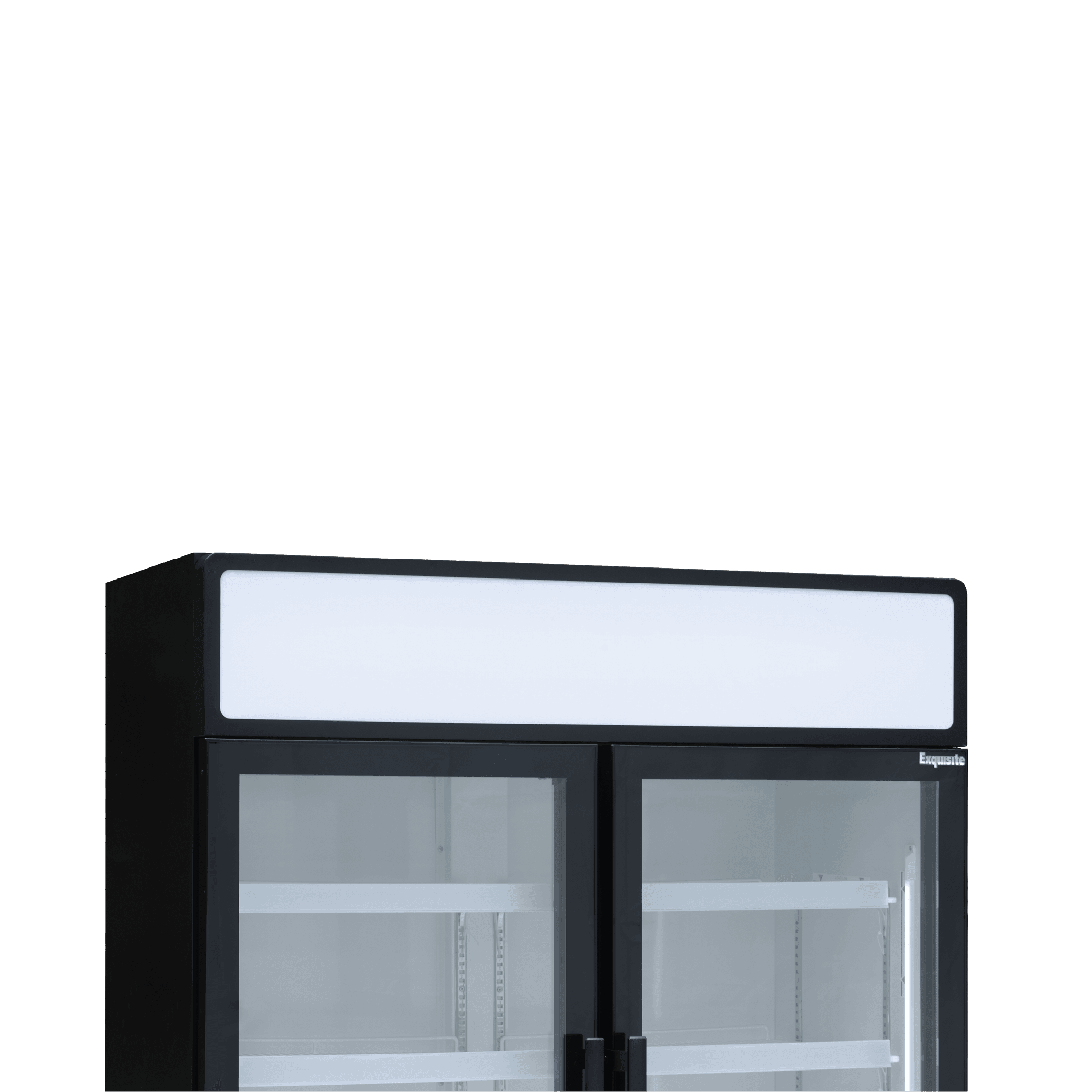 Black two-door upright display refrigerator with glass panels and white interior shelves.