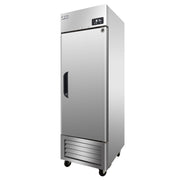 Stainless steel upright freezer with single solid door, digital control panel, and bottom ventilation grille on caster wheels.