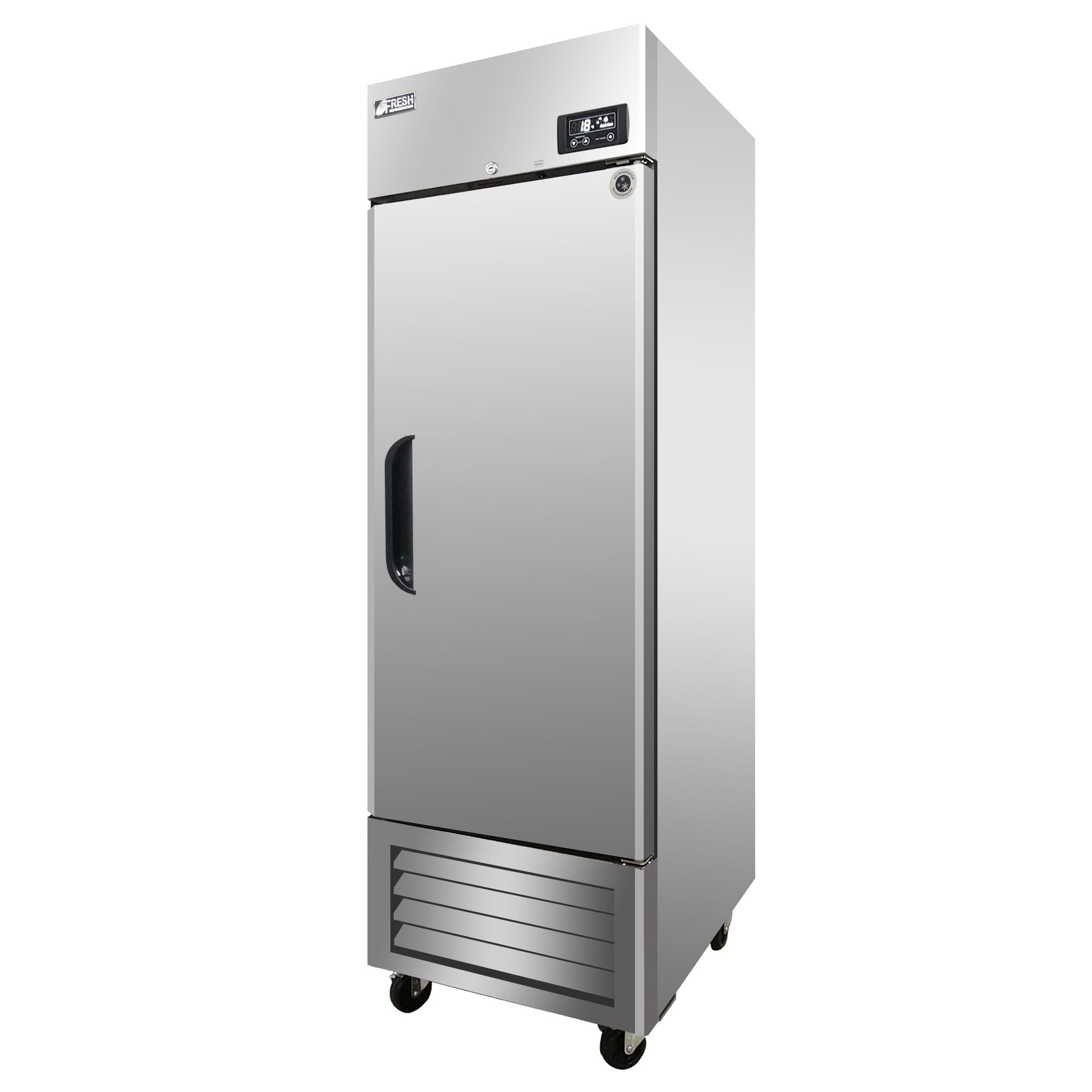 Stainless steel upright freezer with single solid door, digital control panel, and bottom ventilation grille on caster wheels.