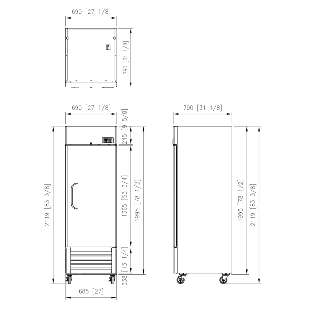 Technical drawing of Fresh Refrigeration FRB-23FS bottom mount upright freezer showing front, side, and top dimensions.