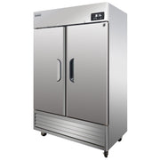 Stainless steel two-door upright fridge with bottom mount compressor and digital control panel.