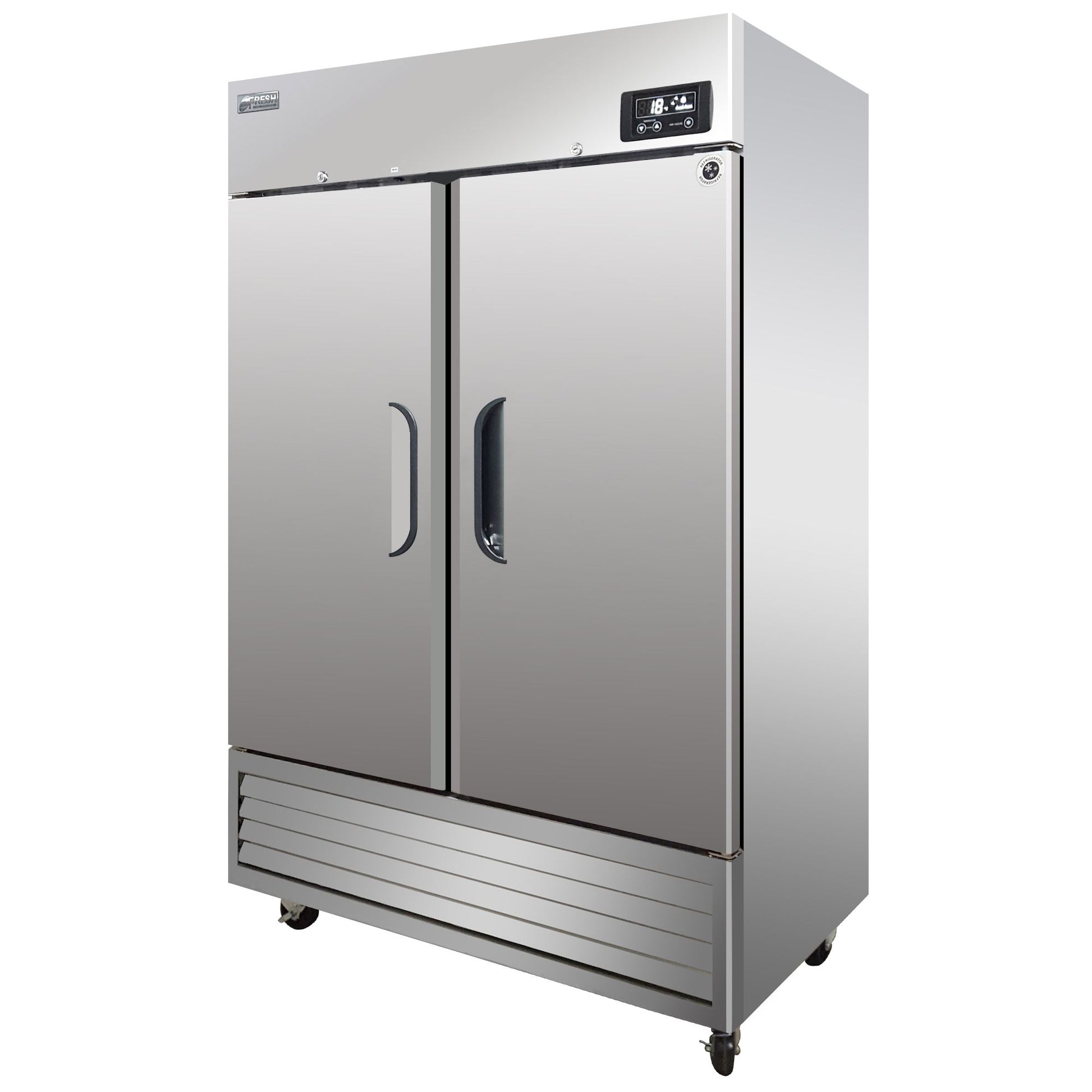 Stainless steel two-door upright fridge with bottom mount compressor and digital control panel.