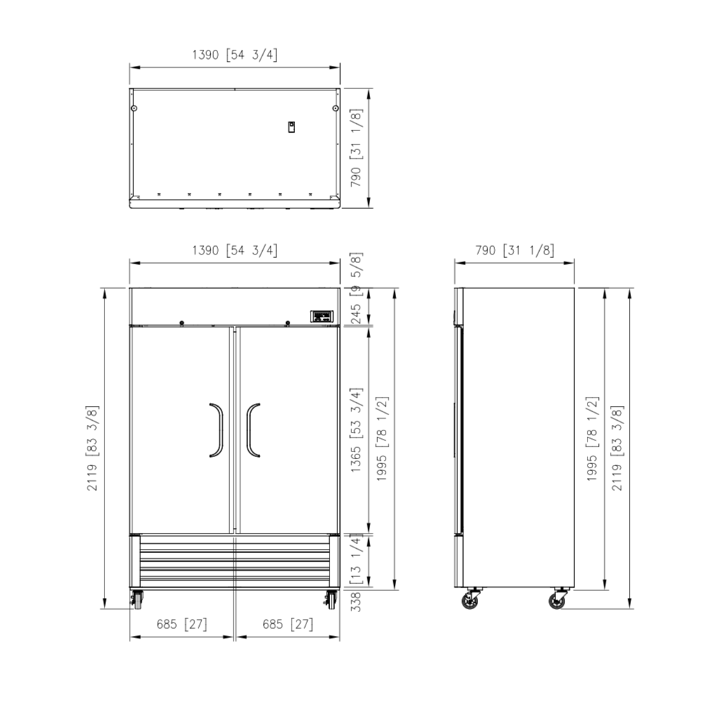 Stainless steel bottom mount upright fridge with two solid doors and vertical handles, dimensions marked.