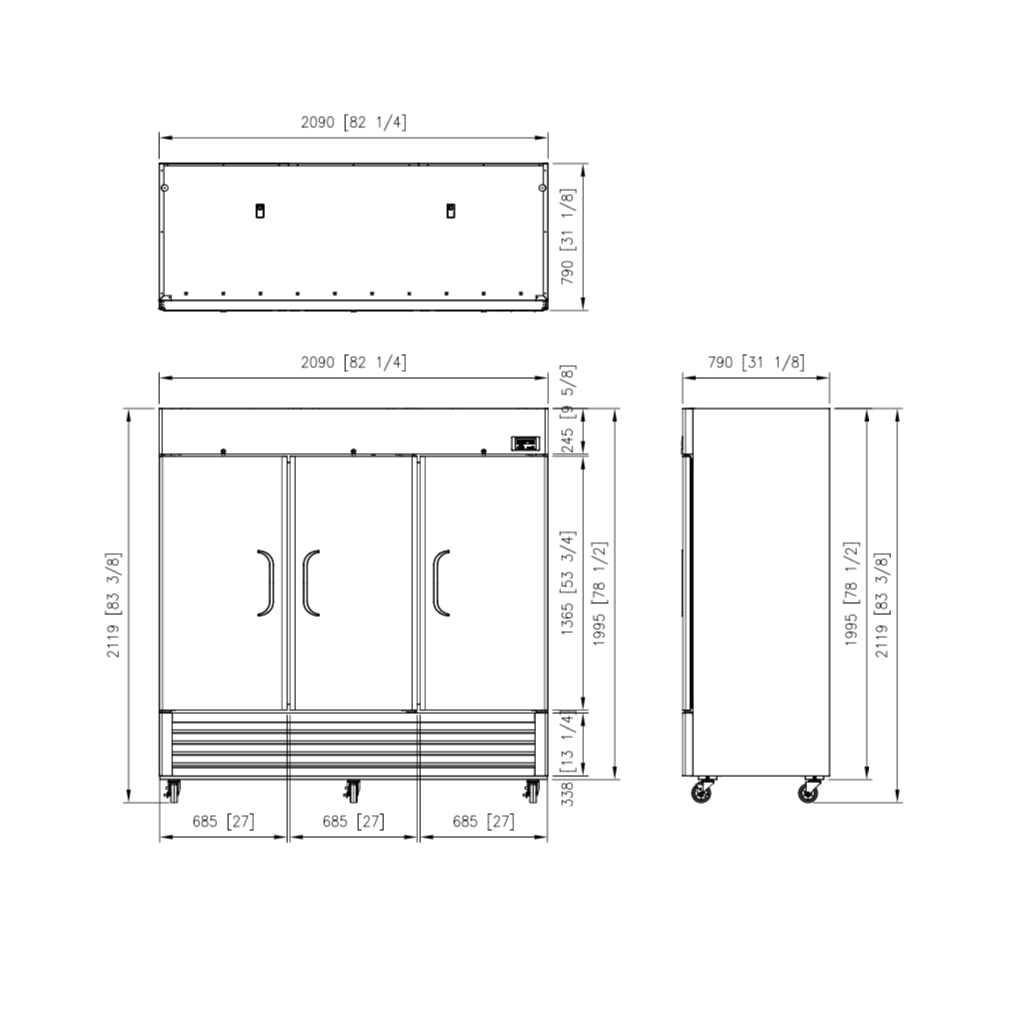 Three-door upright fridge with solid stainless steel doors and bottom-mounted refrigeration unit, 1912L capacity, on caster.