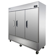 Three-door stainless steel upright refrigerator with bottom mount compressor and digital control panel.